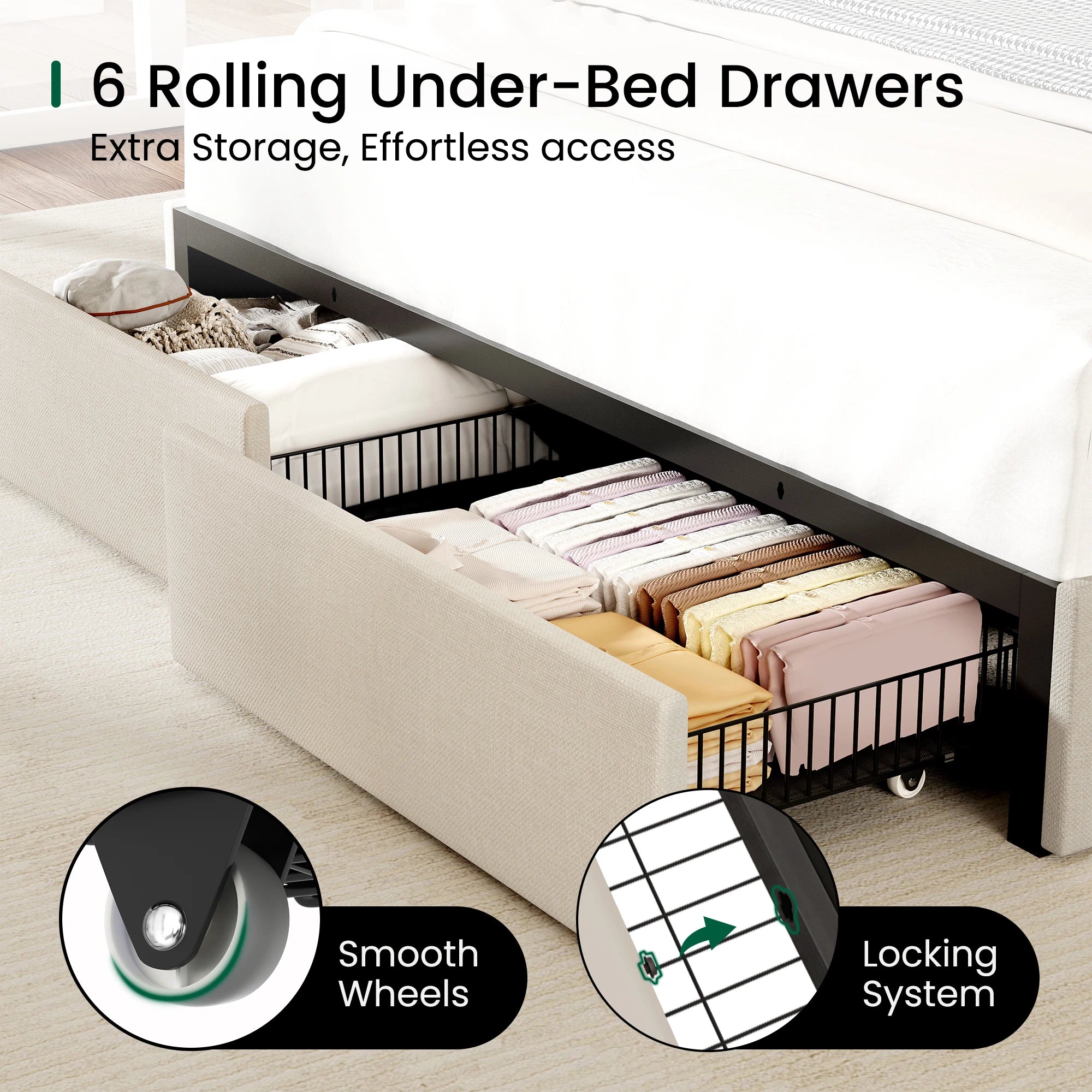 Close-up of the rolling under-bed storage drawer with smooth wheels and a locking system on the Aura bed frame.