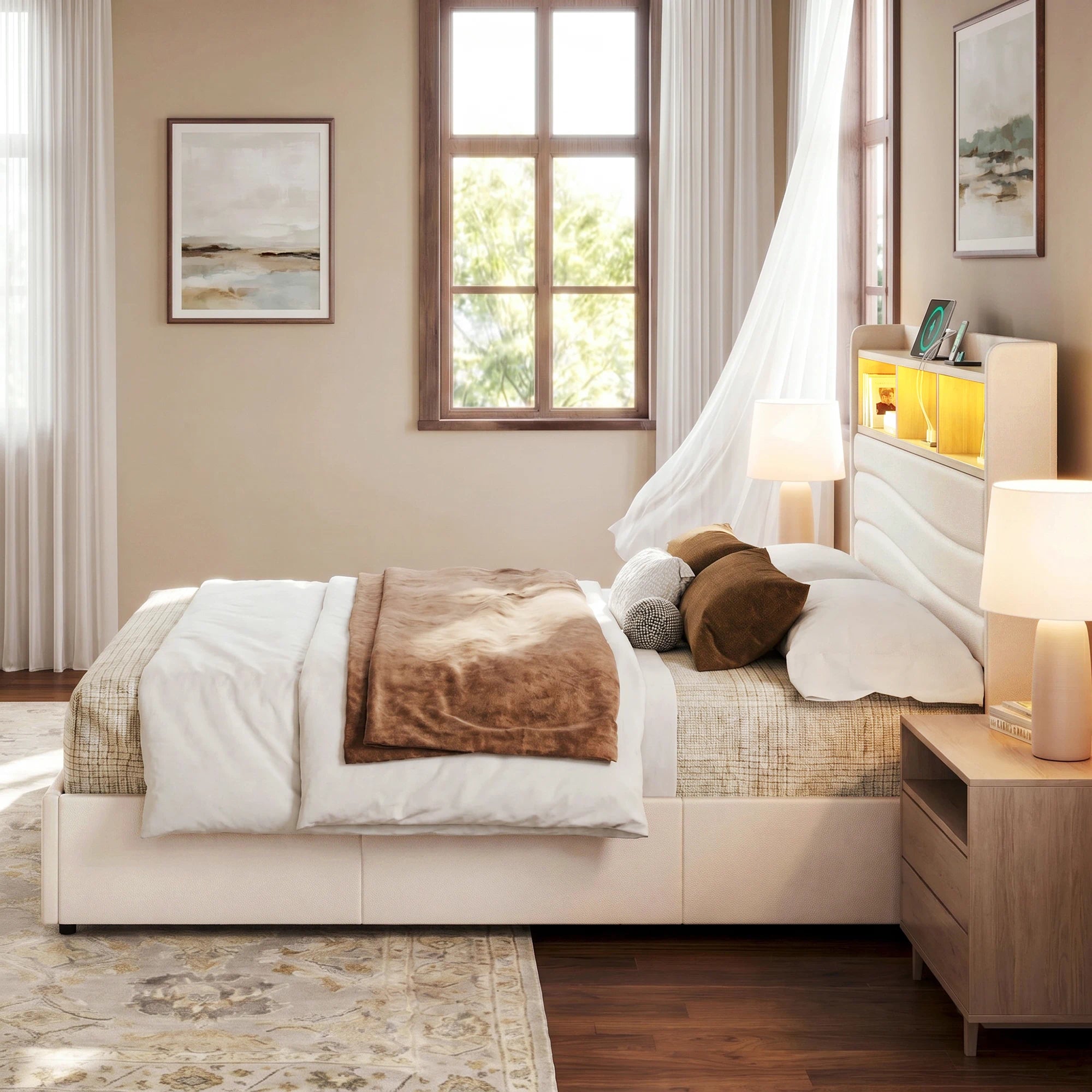 Aura beige 6-drawer upholstered storage bed frame with an open shelf headboard and built-in charging.