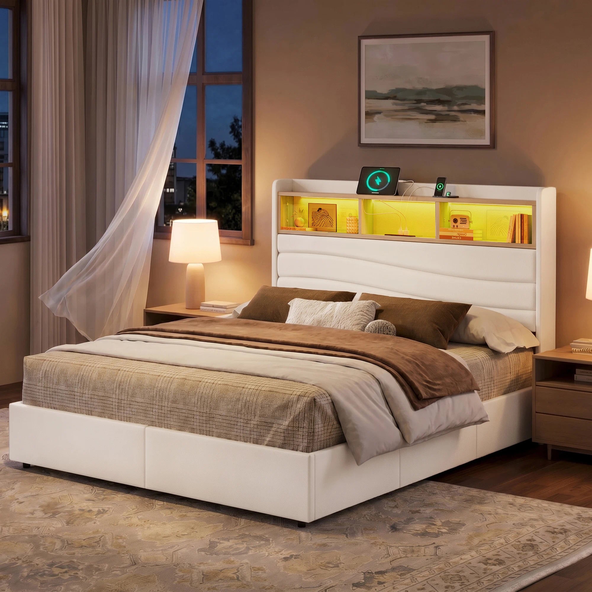 Aura white upholstered storage bed frame with a warm LED open shelf headboard in a nighttime bedroom.