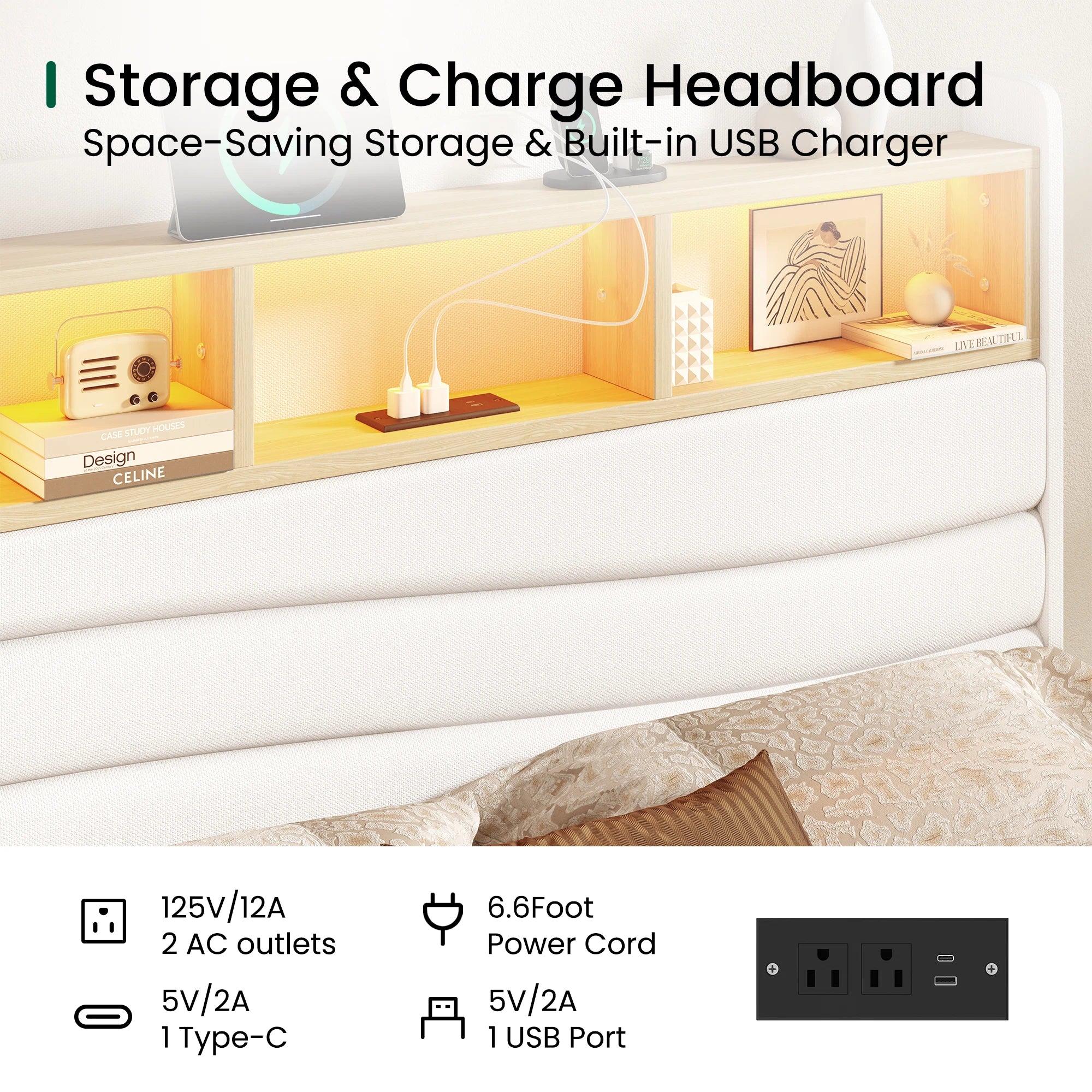 Close-up of the Aura white upholstered bed frame with an open shelf headboard, two outlets, USB and USB-C charging.