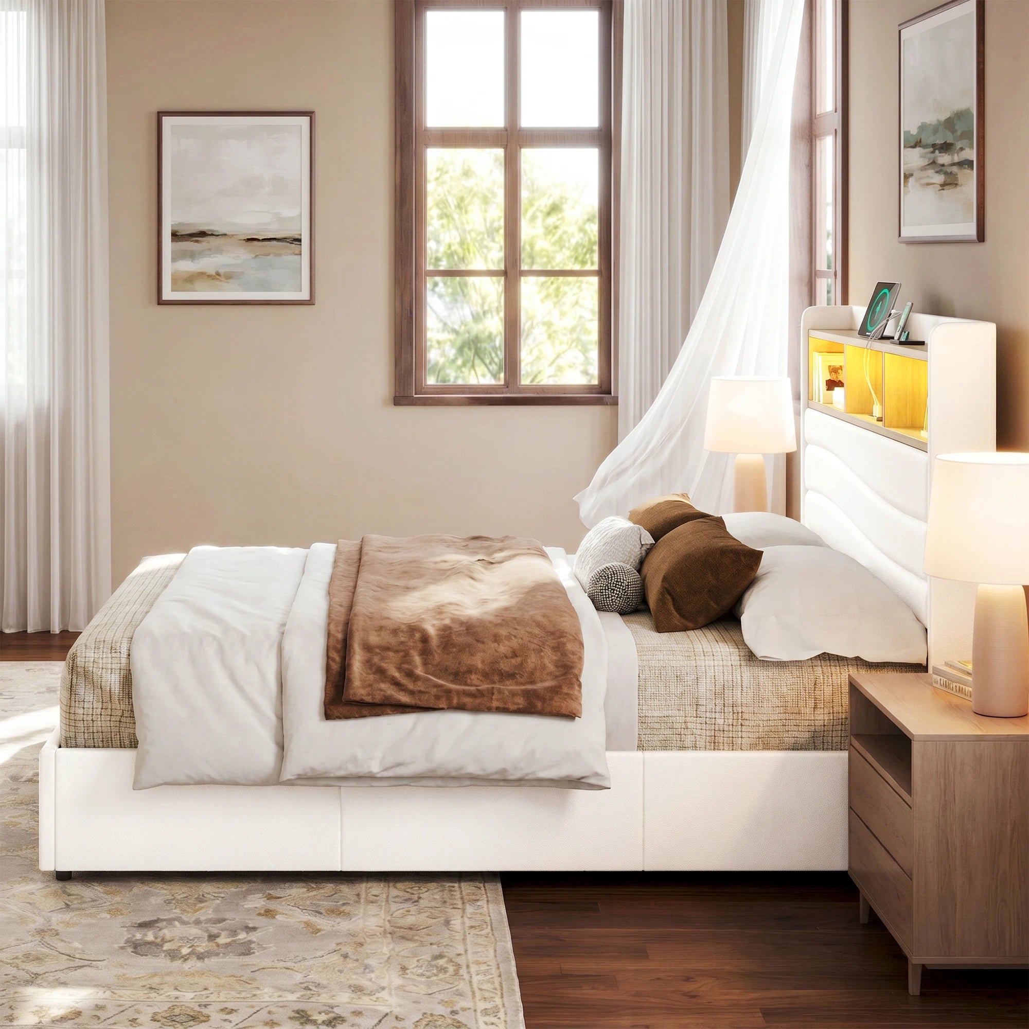 Aura white 6-drawer upholstered storage bed frame with an open shelf headboard and built-in charging.