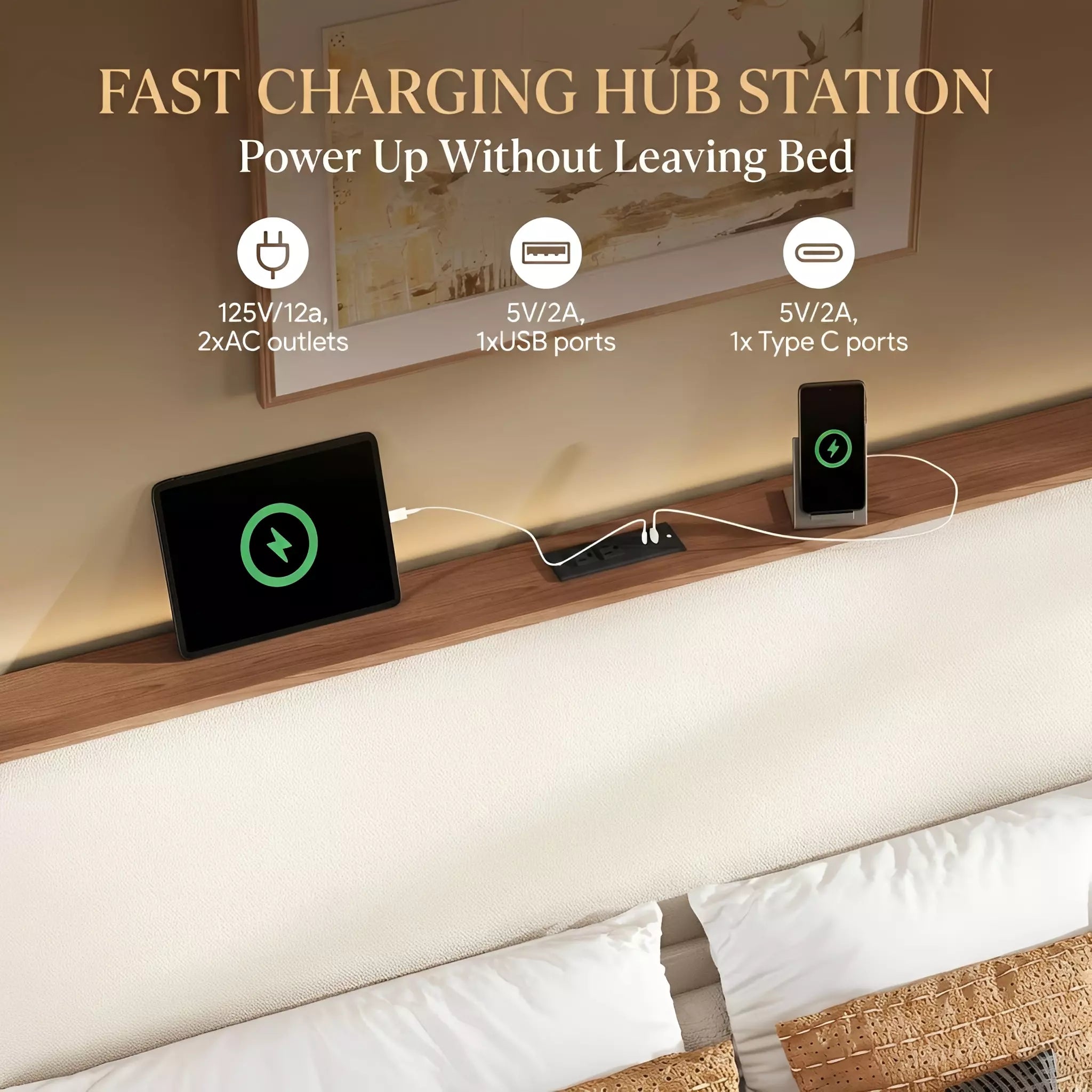 Arc Linen Tall Headbaord Storage Bed Frame with Led & Charging