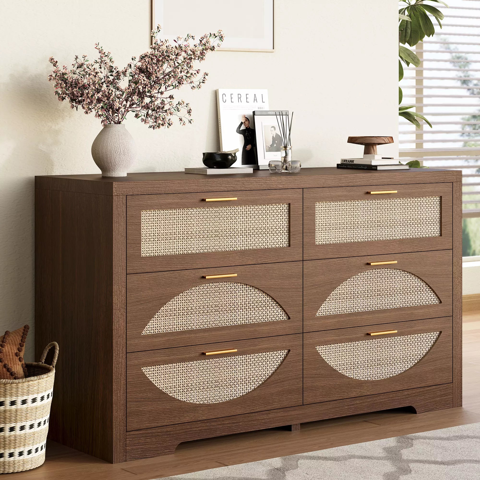 Arched Boho Rattan 6 Drawer Dressers-Walnet / Oak
