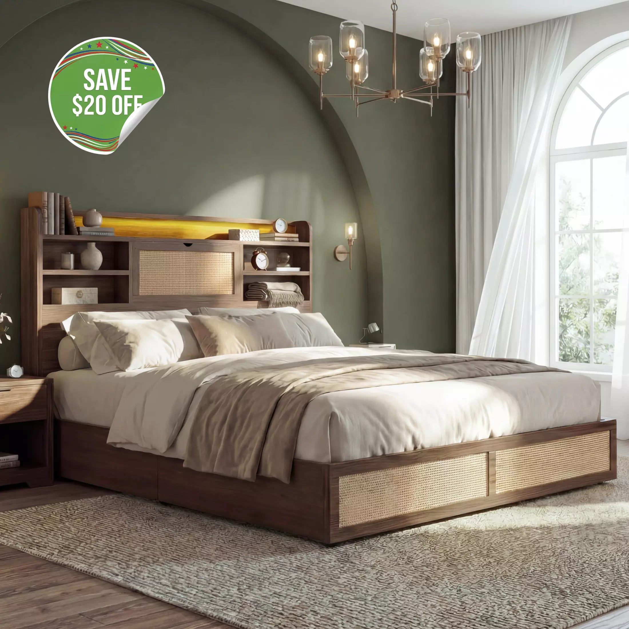 Boho Chic Rattan Storage Bookcase Bed Frame