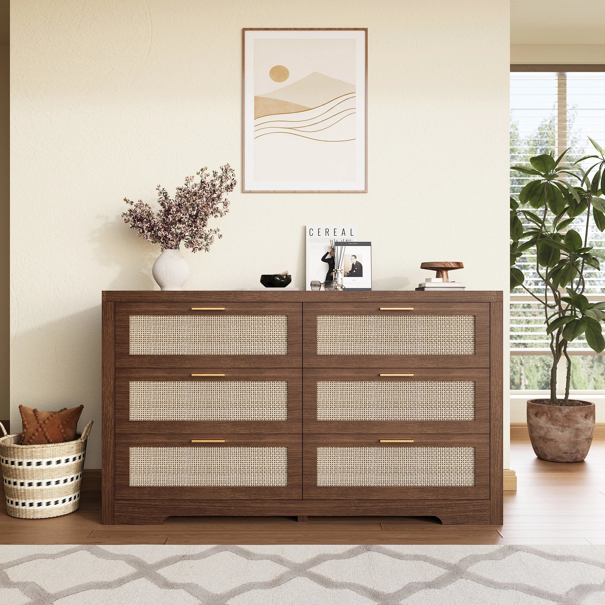 Boho Chick Rattan 6 Drawer Dressers-Walnet / Oak