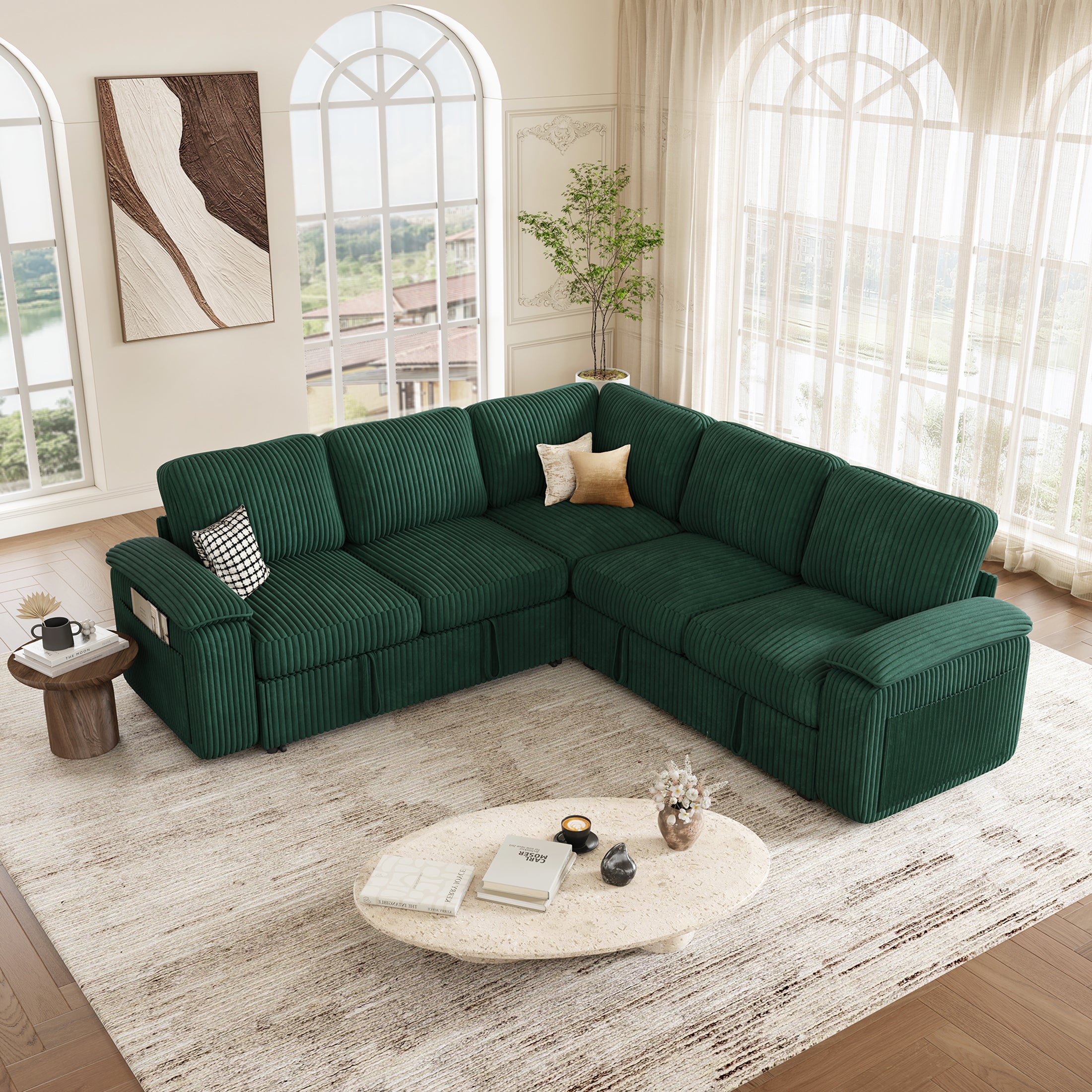 Nola Modular Corduroy Sleeper Sectional Sofa | 5 Seater | L Shape Corner