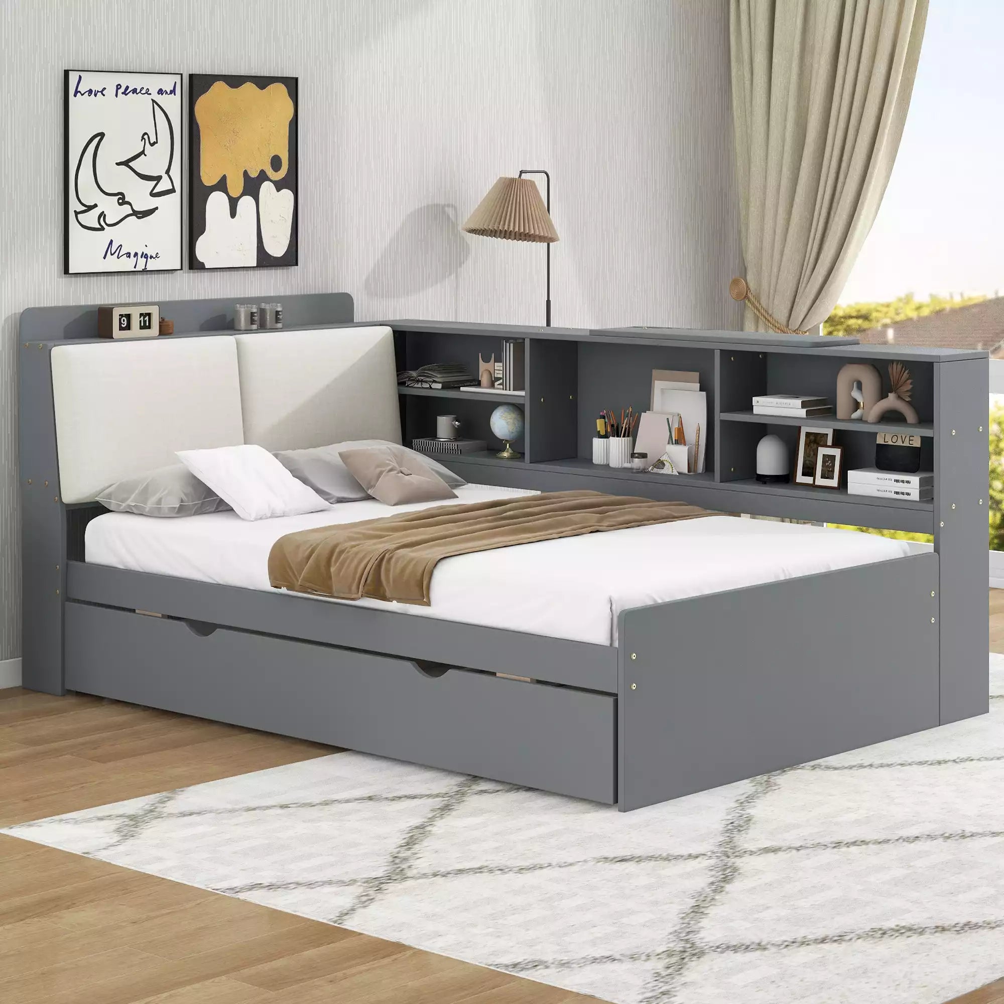 Cubix Wood platform Daybed with Trundle, Shelves and Storage Headboard
