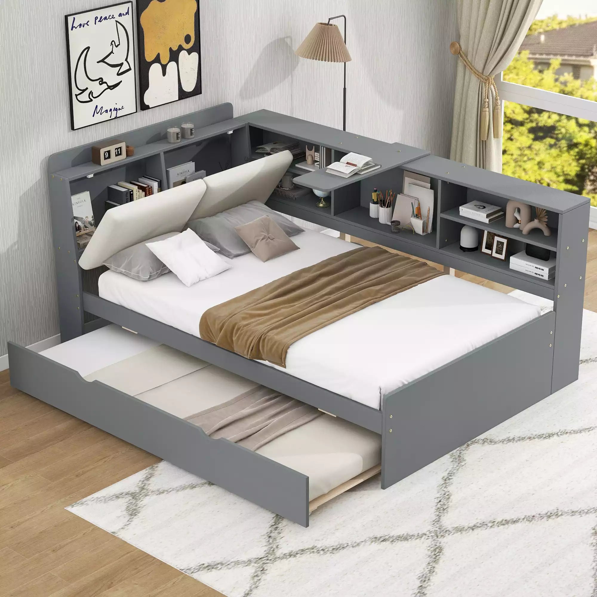 Cubix Wood platform Daybed with Trundle, Shelves and Storage Headboard