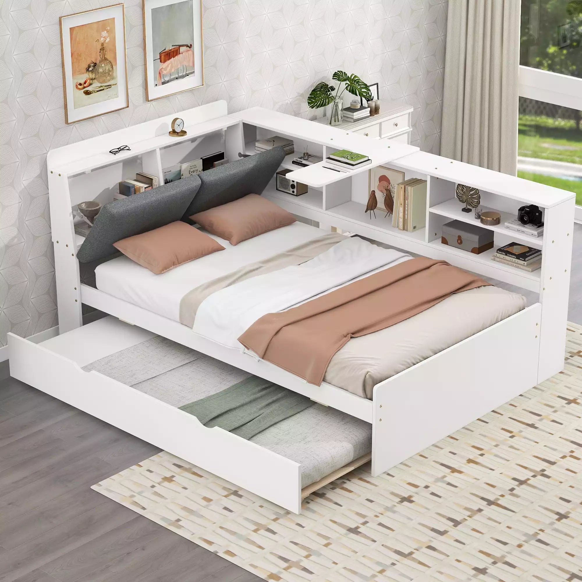 Cubix Wood platform Daybed with Trundle, Shelves and Storage Headboard