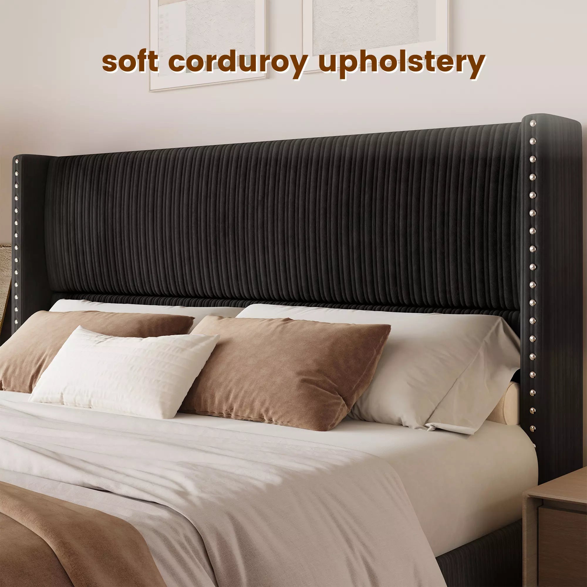 Side view of Larmace black upholstered storage bed showing the elegant wingback design.