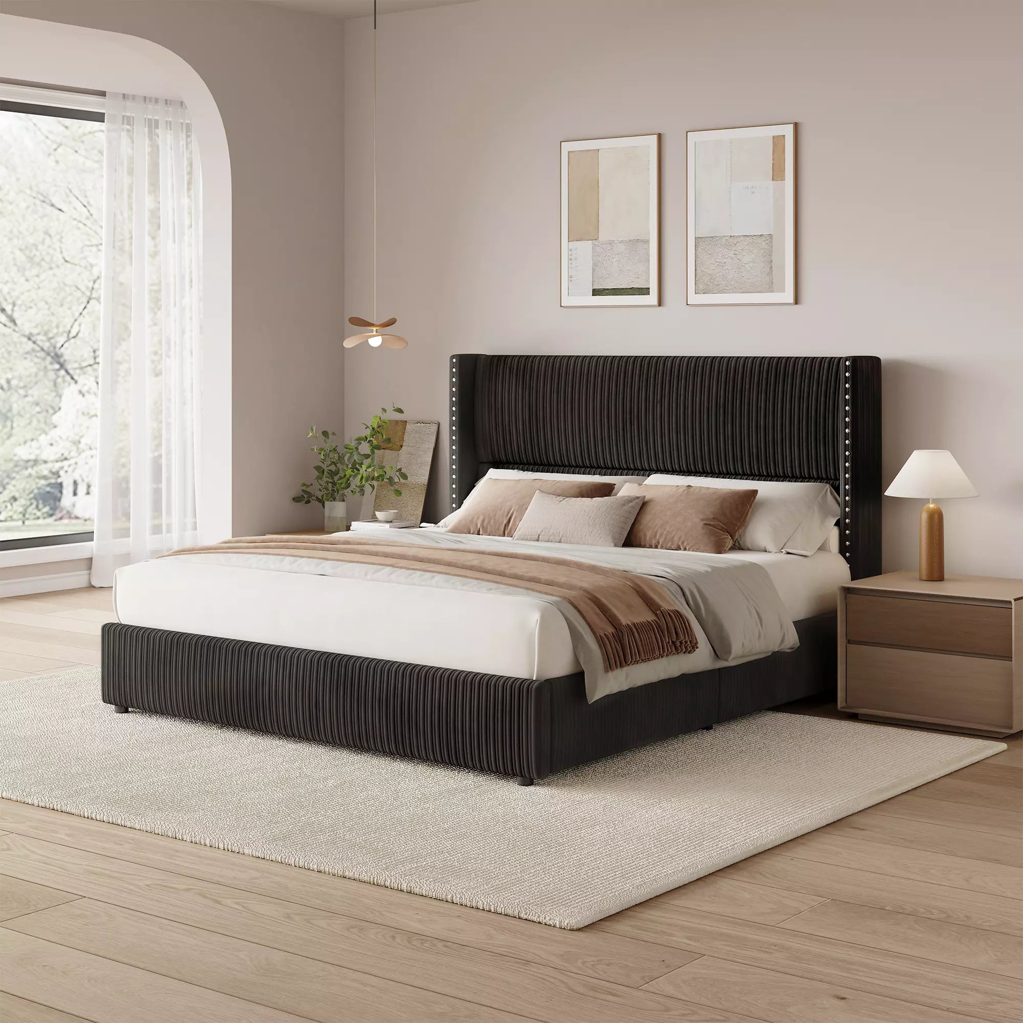 Modern classic Elysia upholstered bed frame in white corduroy fabric, no box spring needed.