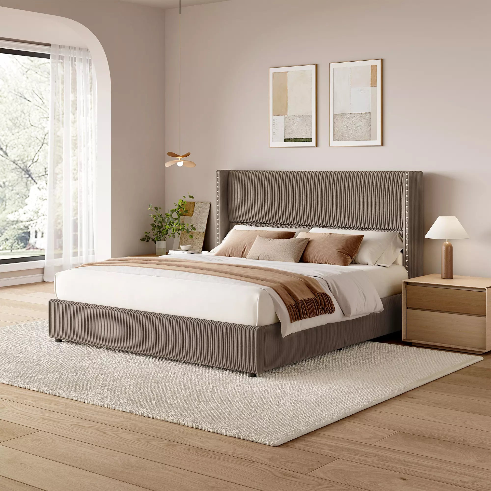 Modern classic Elysia upholstered bed frame in taupe brown corduroy fabric, no box spring needed.