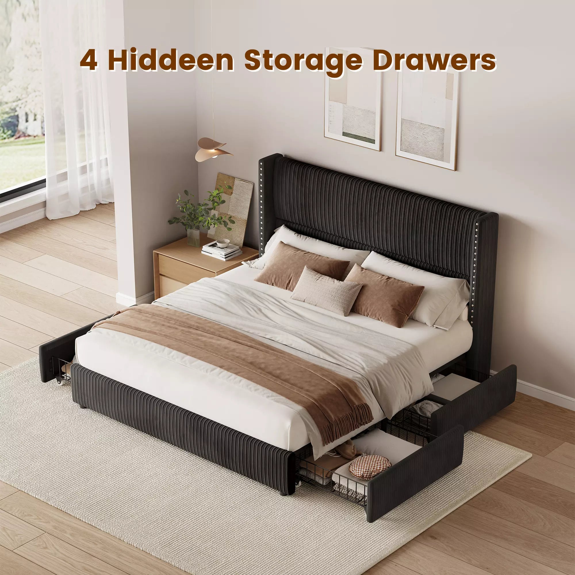 King size Elysia black storage bed with 4 hidden under-bed drawers for a clean, organized bedroom.