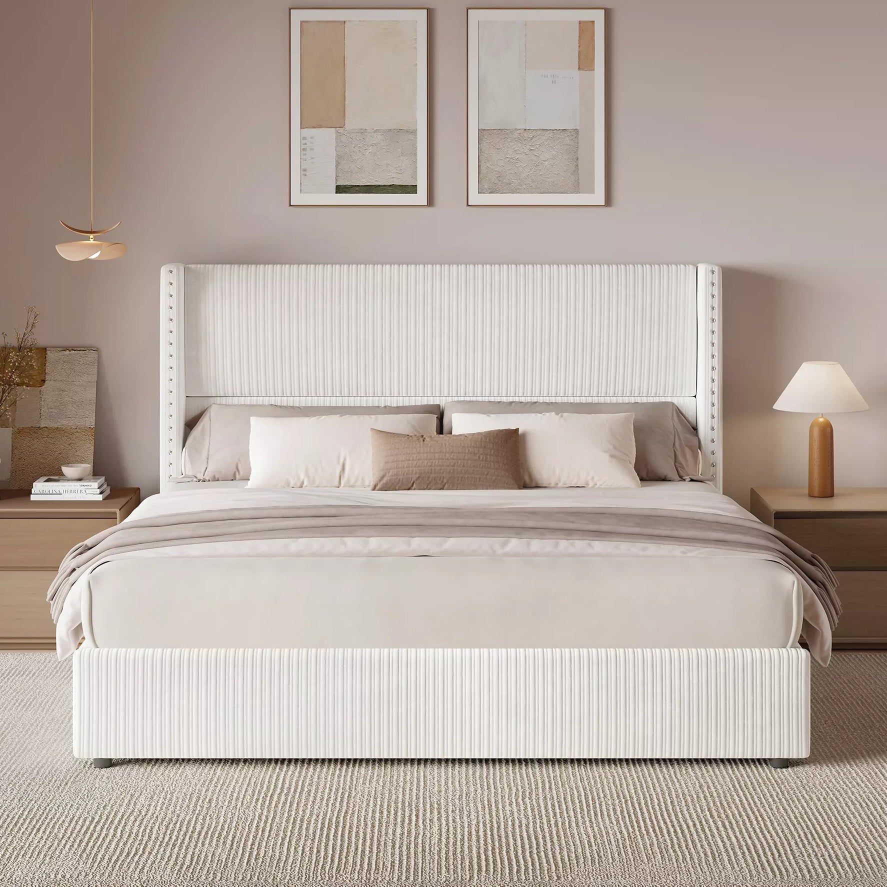 Larmace Elysia white corduroy upholstered platform bed frame with tall wingback headboard, queen size.