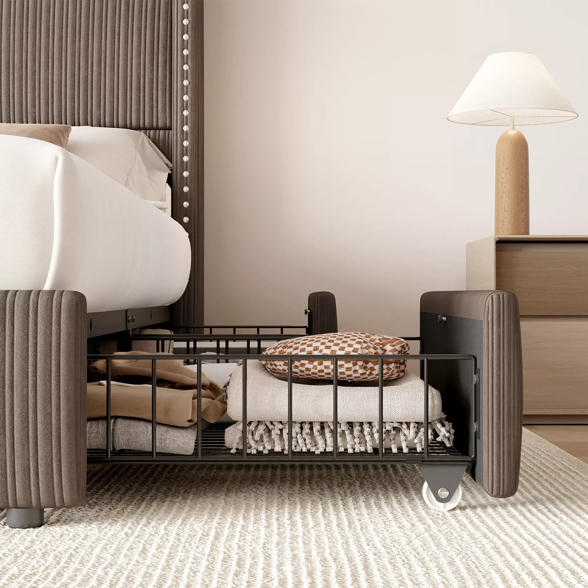 King size Elysia storage bed with 4 hidden under-bed drawers for a clean, organized bedroom.