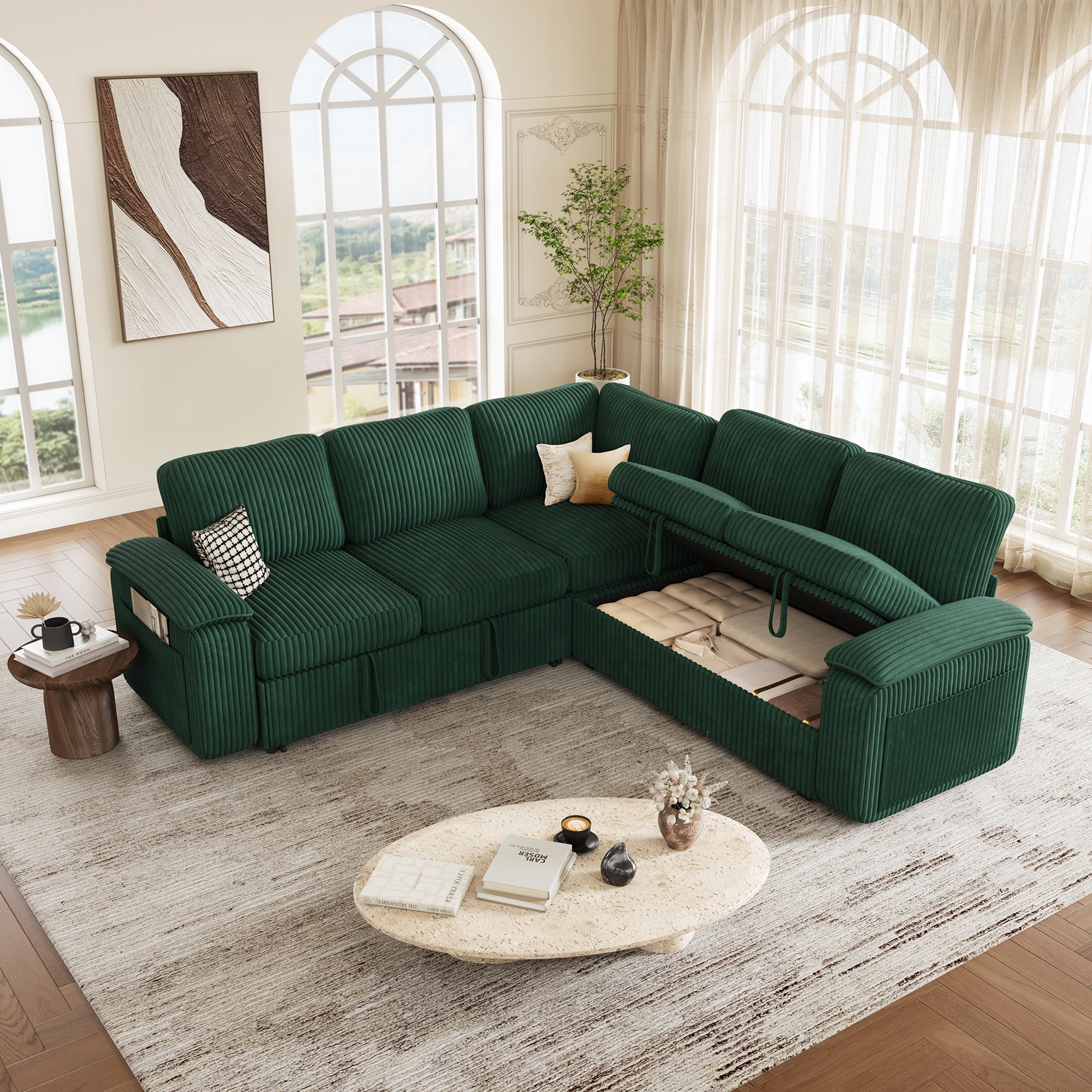 Nola Modular Corduroy Sleeper Sectional Sofa | 5 Seater | L Shape Corner