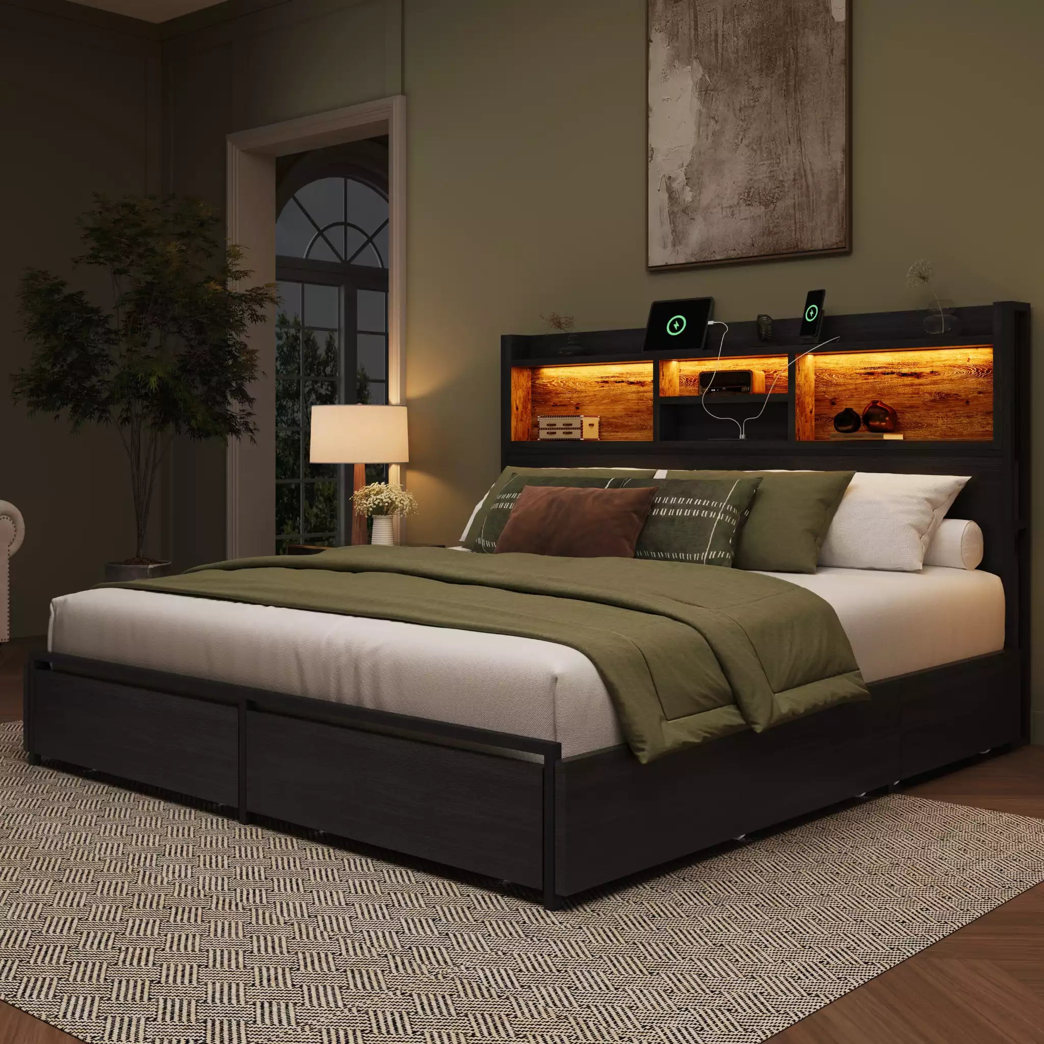 Strato King Size Wood Bed Frame Storage Headboard with Charging Station and 6 Drawers