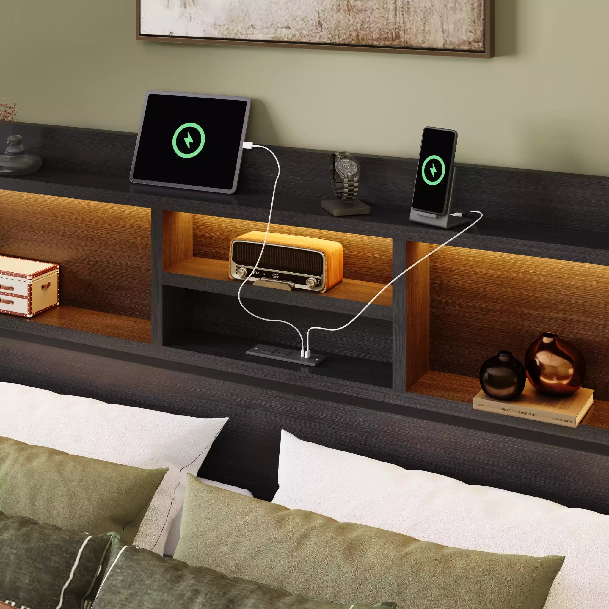 Strato King Size Wood Bed Frame Storage Headboard with Charging Station and 6 Drawers