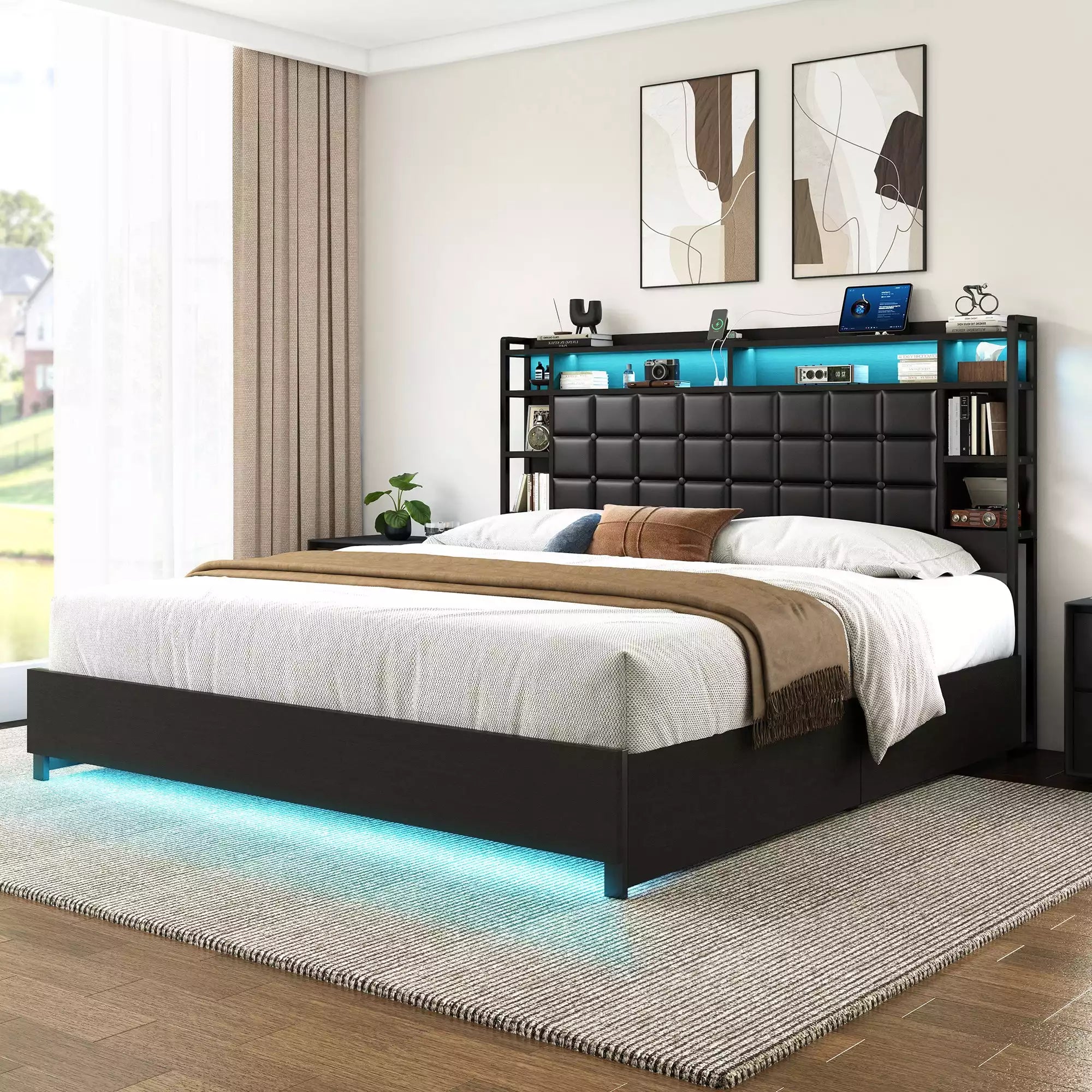 Cubes Industrial Bed Frame with Storage Drawers,Bookcase Headboard, LED Llight & Charging Hub