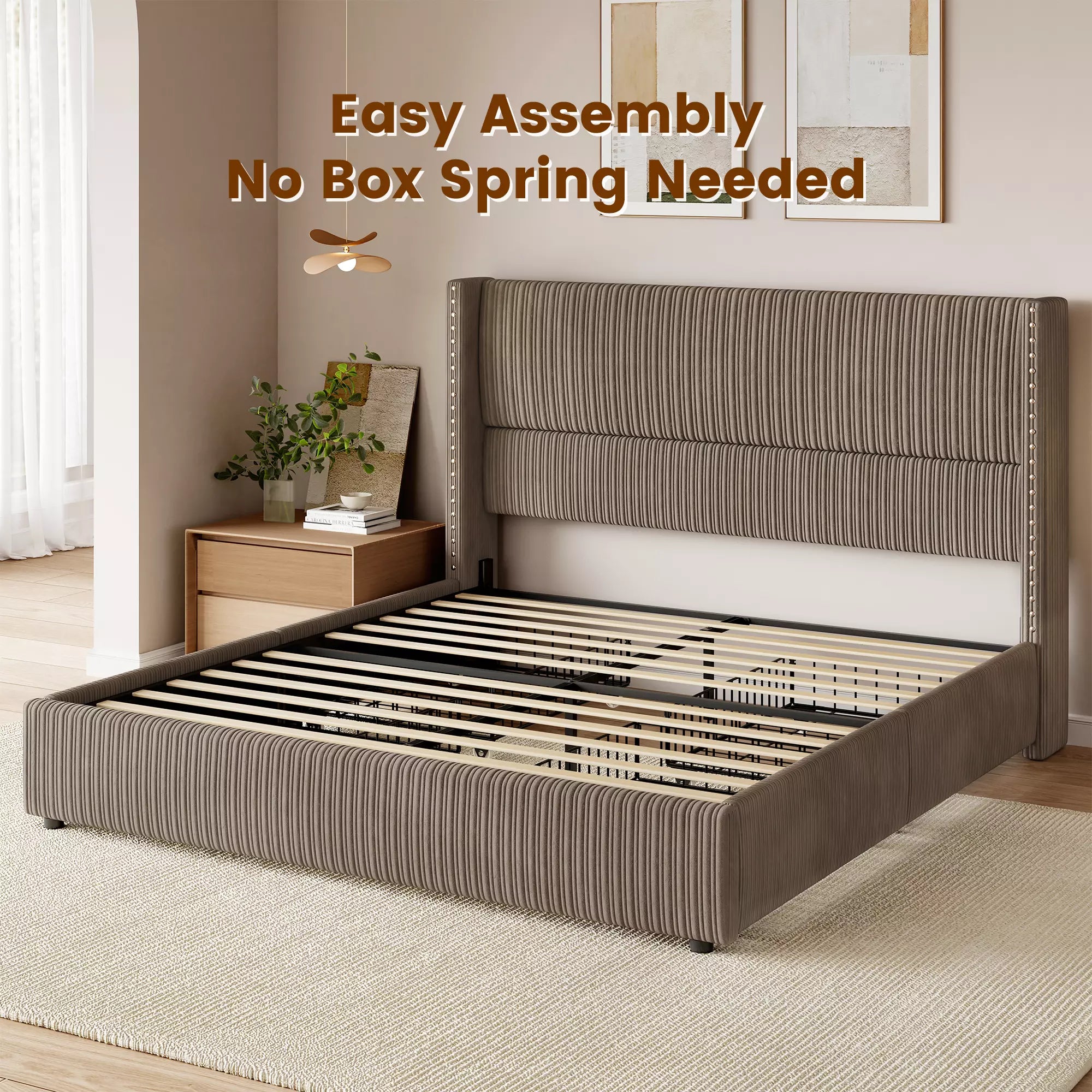 Elysia platform bed frame with durable wooden slats, easy assembly, and no box spring required.