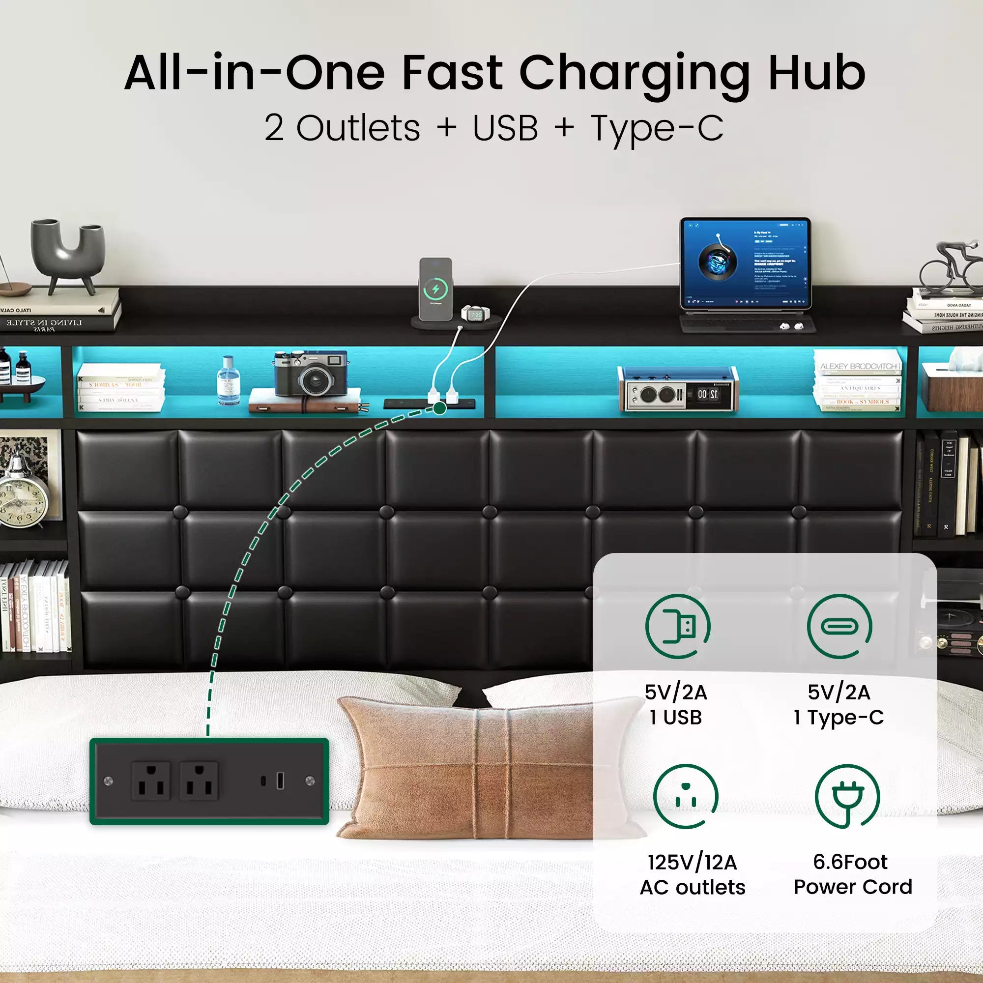 Cubes Industrial Bed Frame with Storage Drawers,Bookcase Headboard, LED Llight & Charging Hub