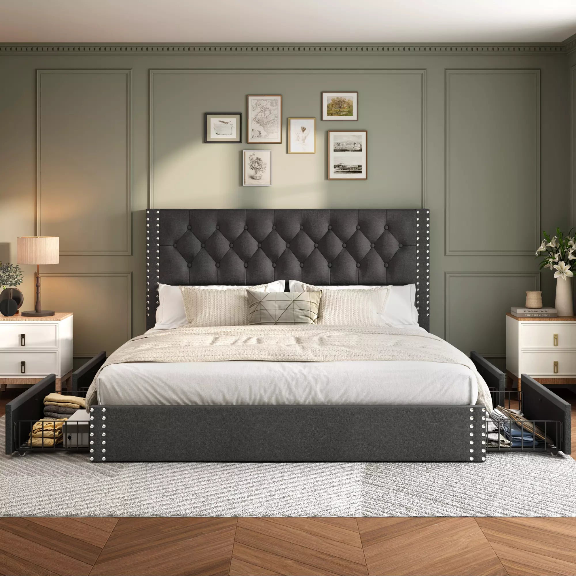 Vella Linen Upholstered Bed Frame with Storage, 4 Drawers