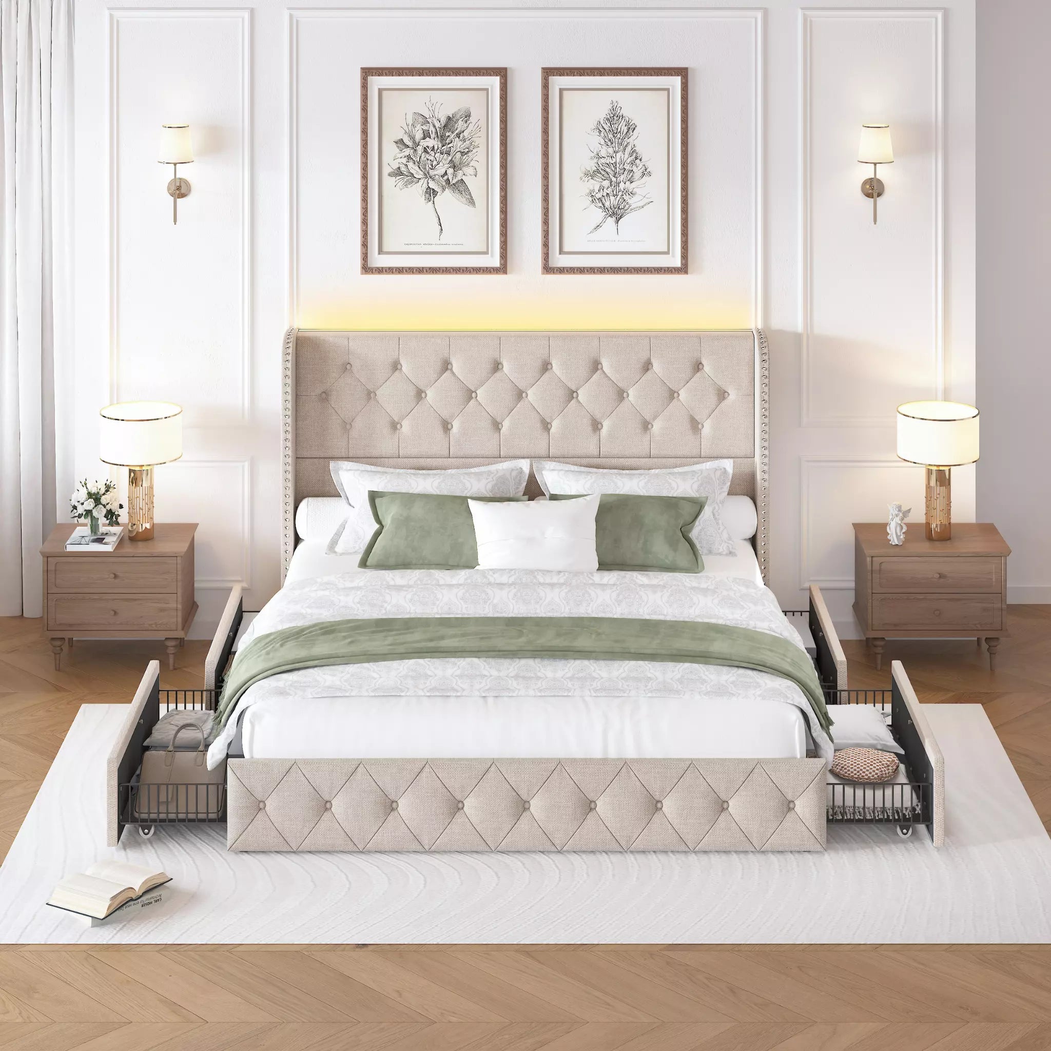 Korav Upholstered Bed Frame with Storage Drawers and LED lights