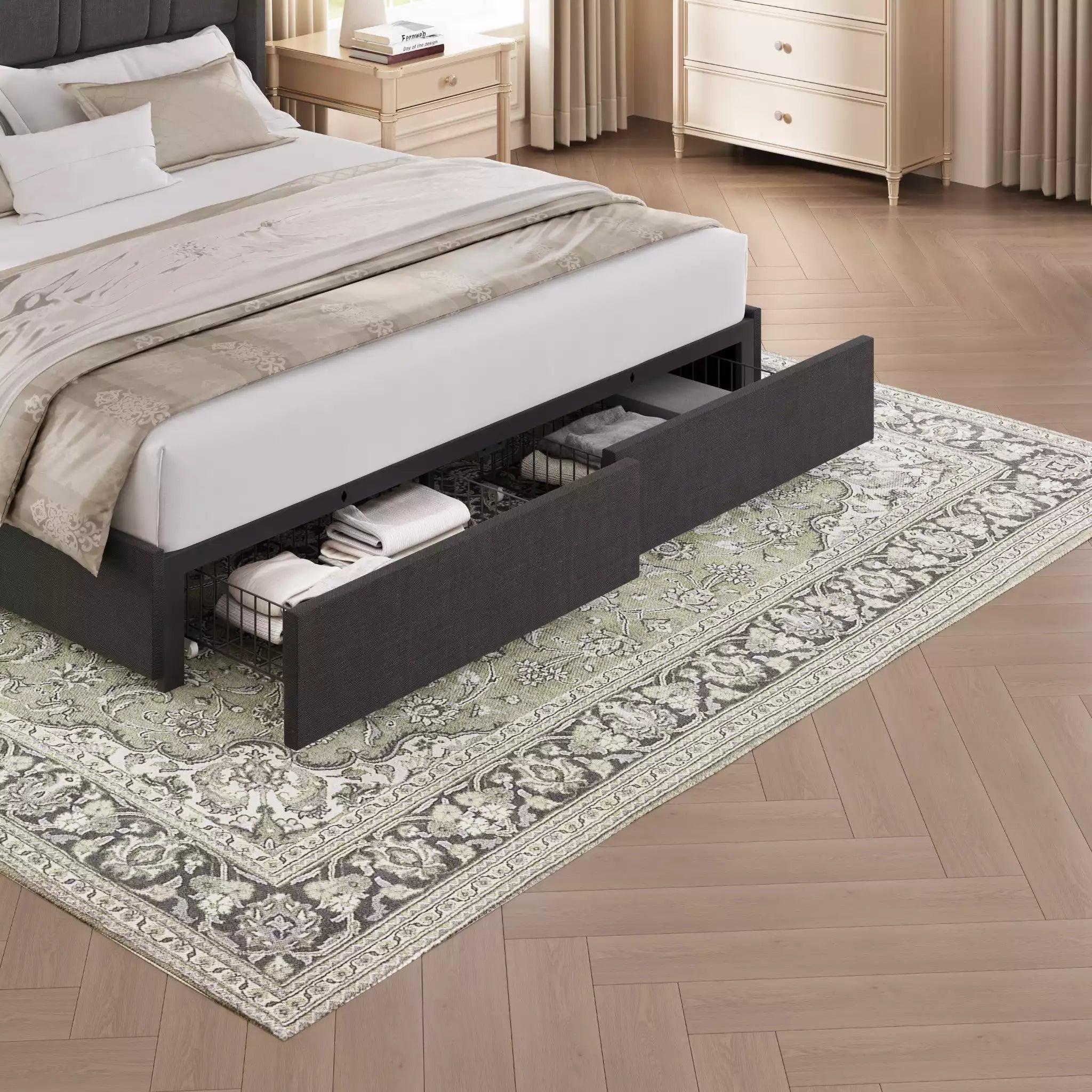 Modro Linen Upholstered Platform Bed Frame with 4 Storage Drawer