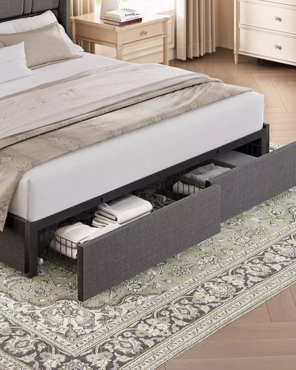 Bed with storage drawers in a bedroom setting