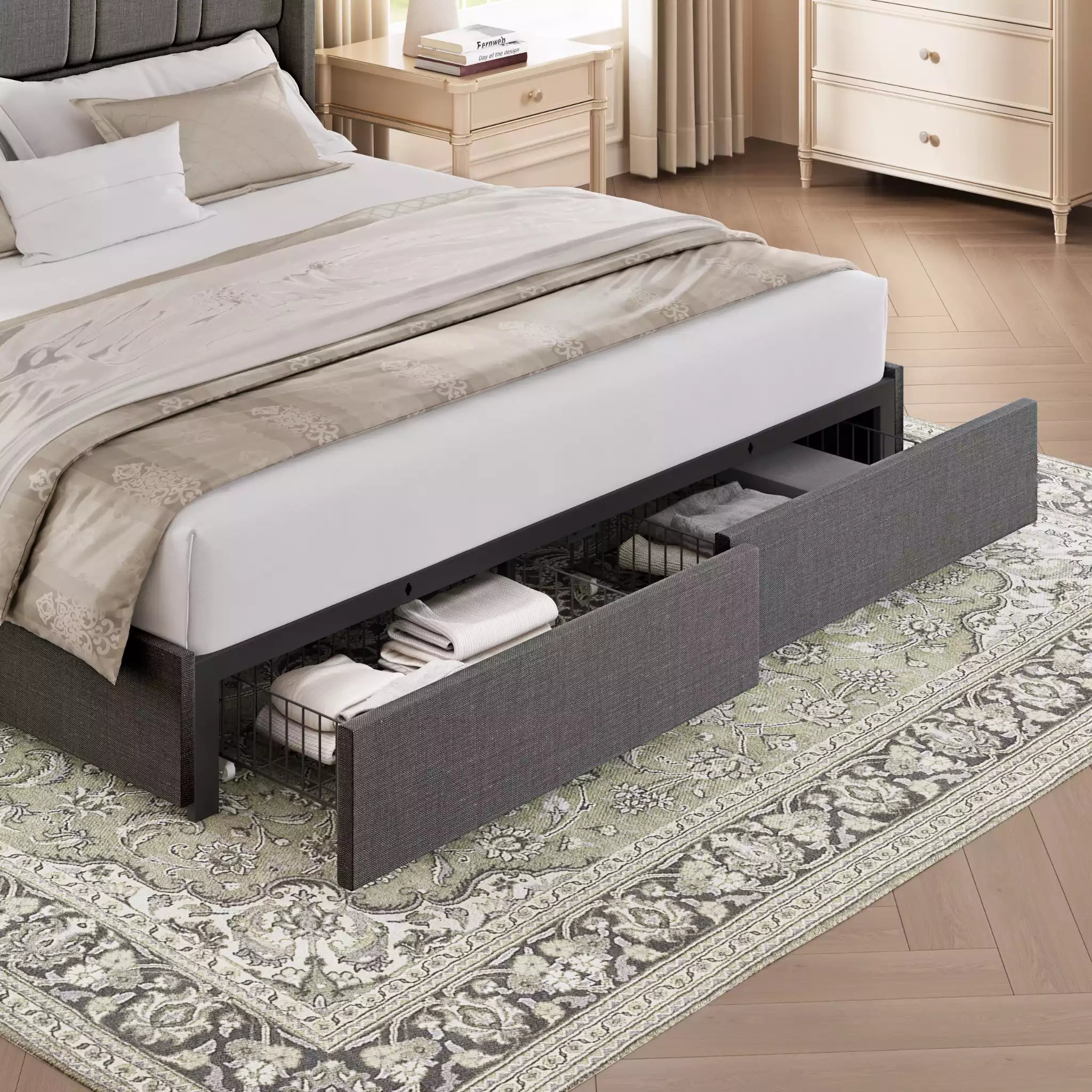 Bed with storage drawers in a bedroom setting