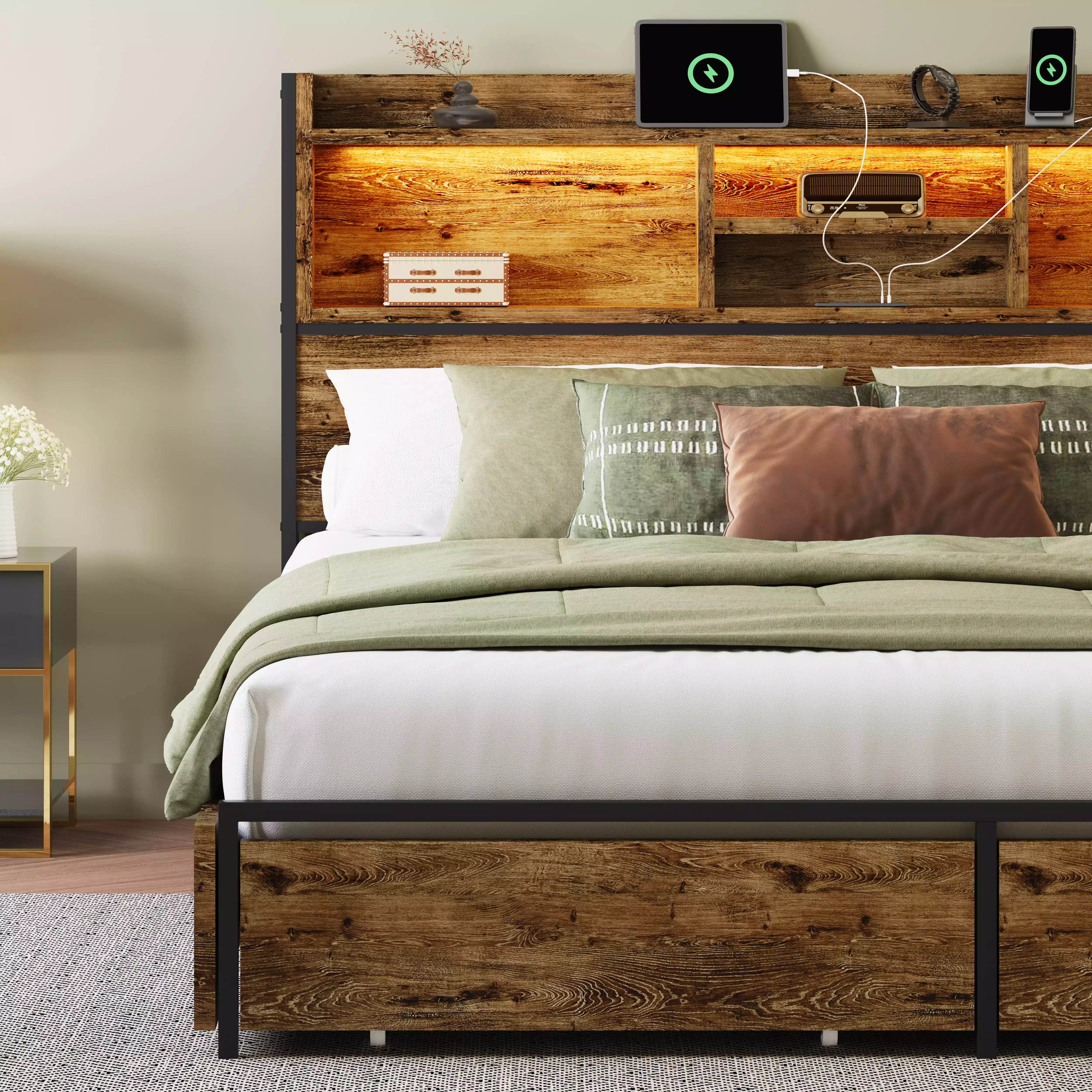 Strato King Size Wood Bed Frame Storage Headboard with Charging Station and 6 Drawers