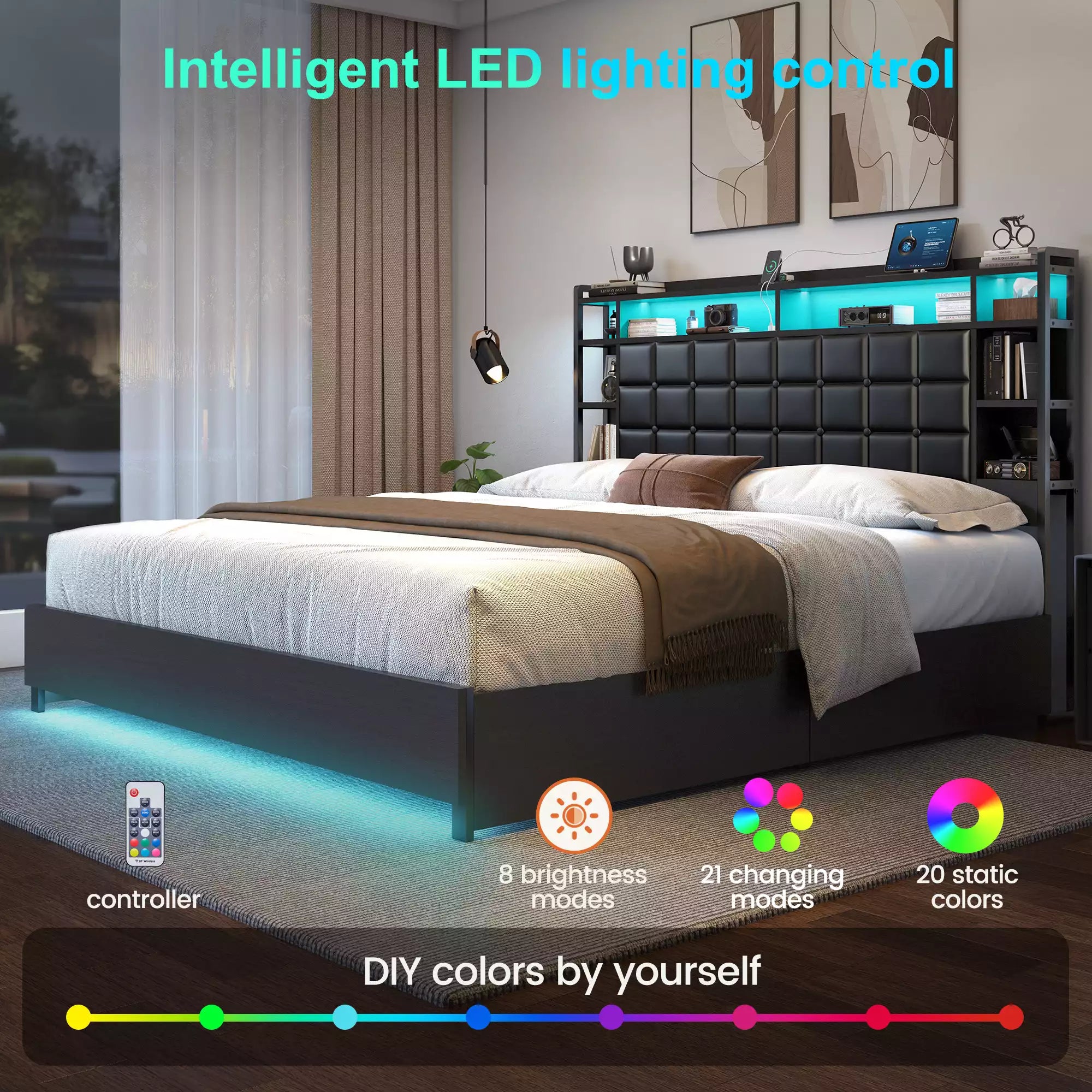 Cubes Industrial Bed Frame with Storage Drawers,Bookcase Headboard, LED Llight & Charging Hub