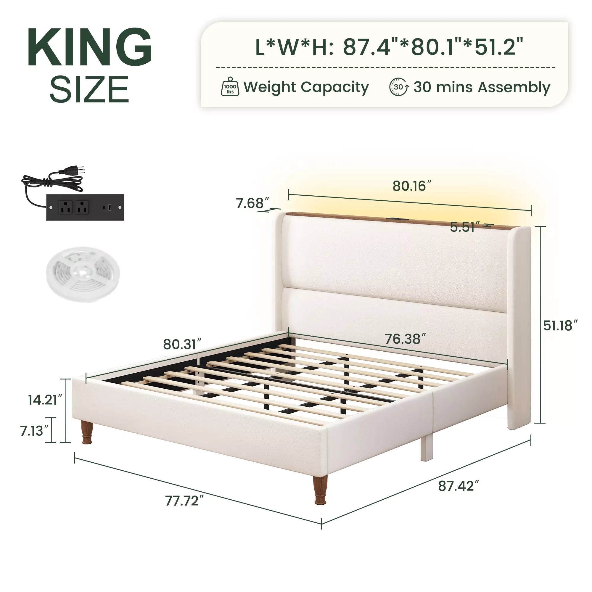 Arc Tall Headbaord Linen Upholstered Platform Bed Frame with LED Lights & Charging Station