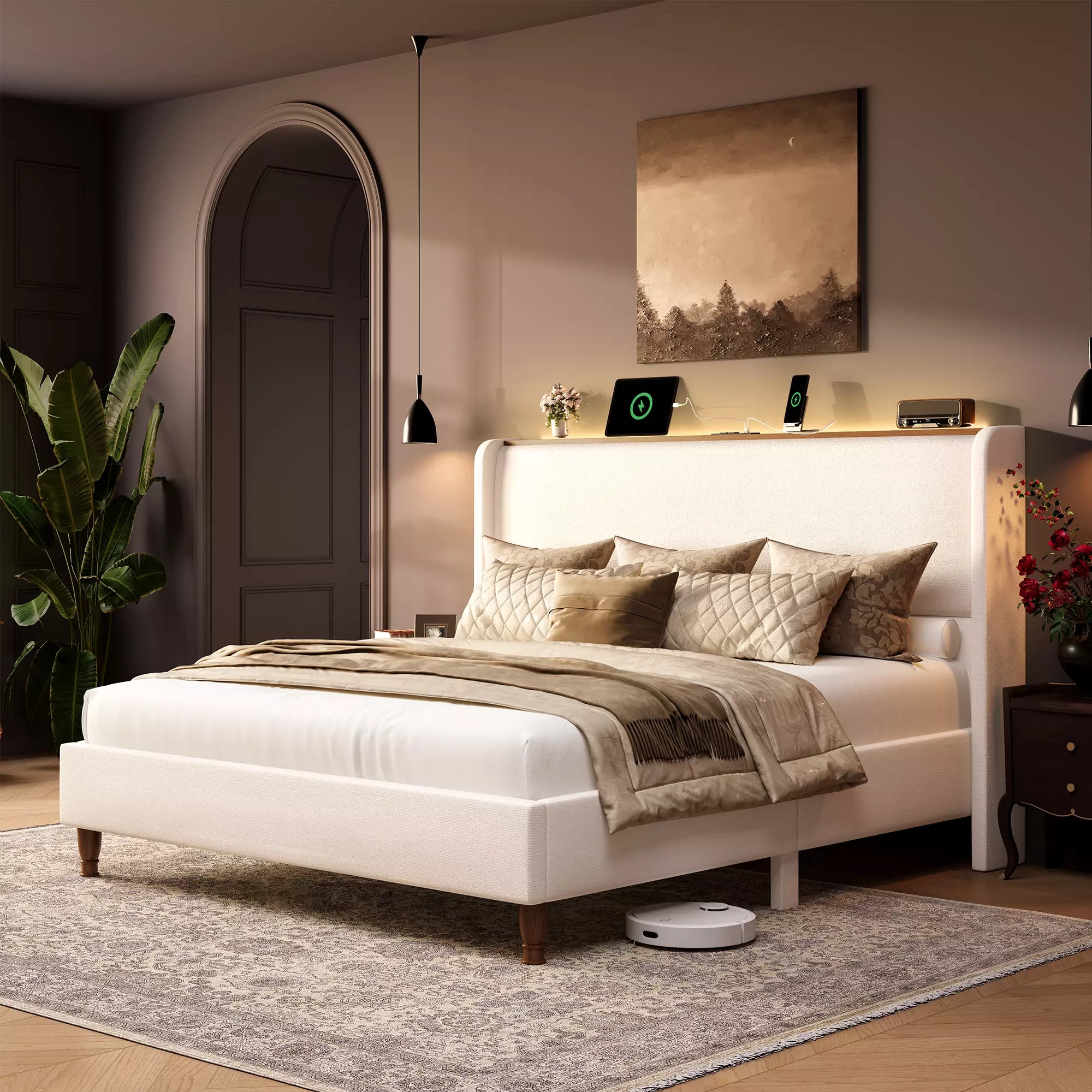 Arc Tall Headbaord Linen Upholstered Platform Bed Frame with LED Lights & Charging Station
