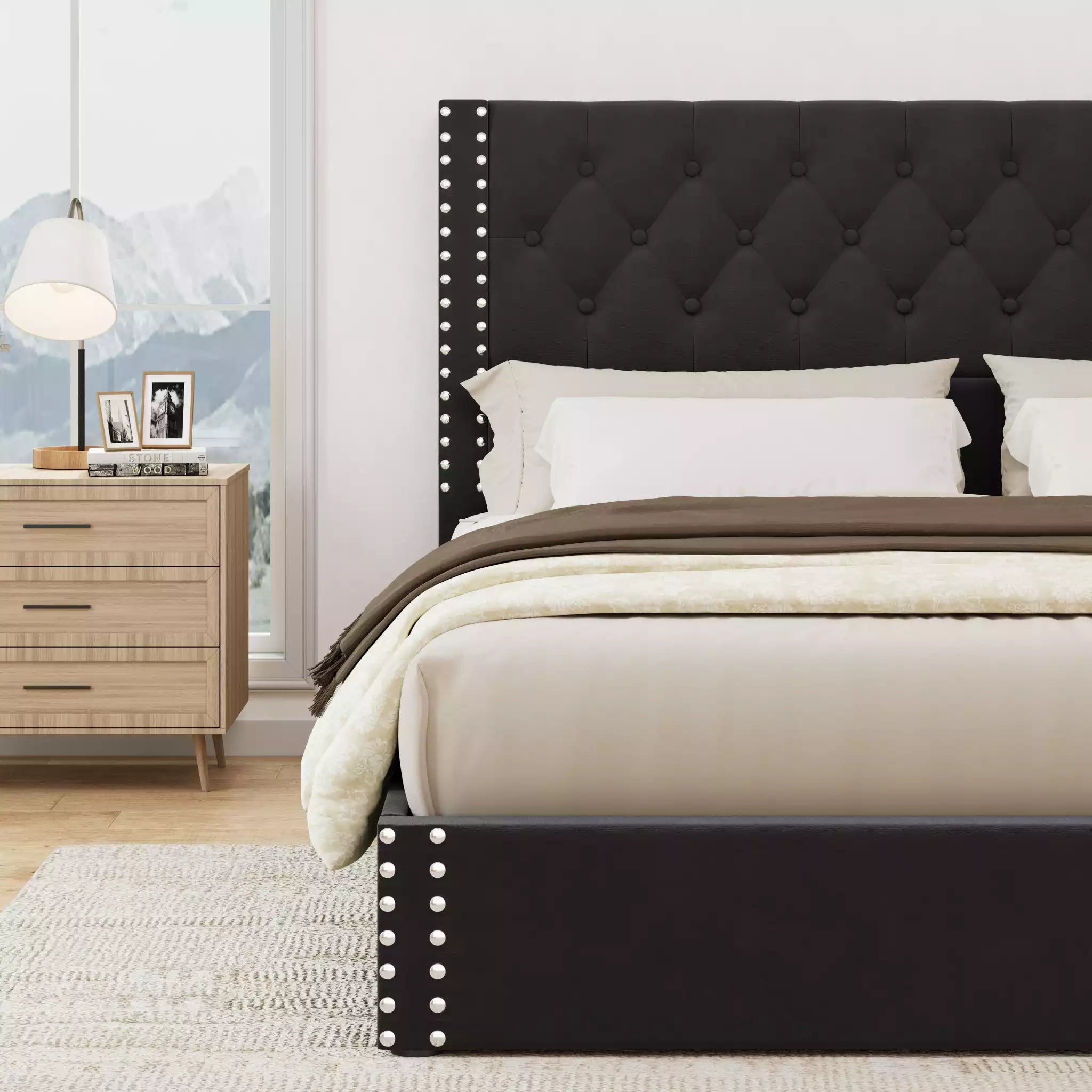 Veva Velvet Upholstered Bed Frame with Storage, 4 Drawers