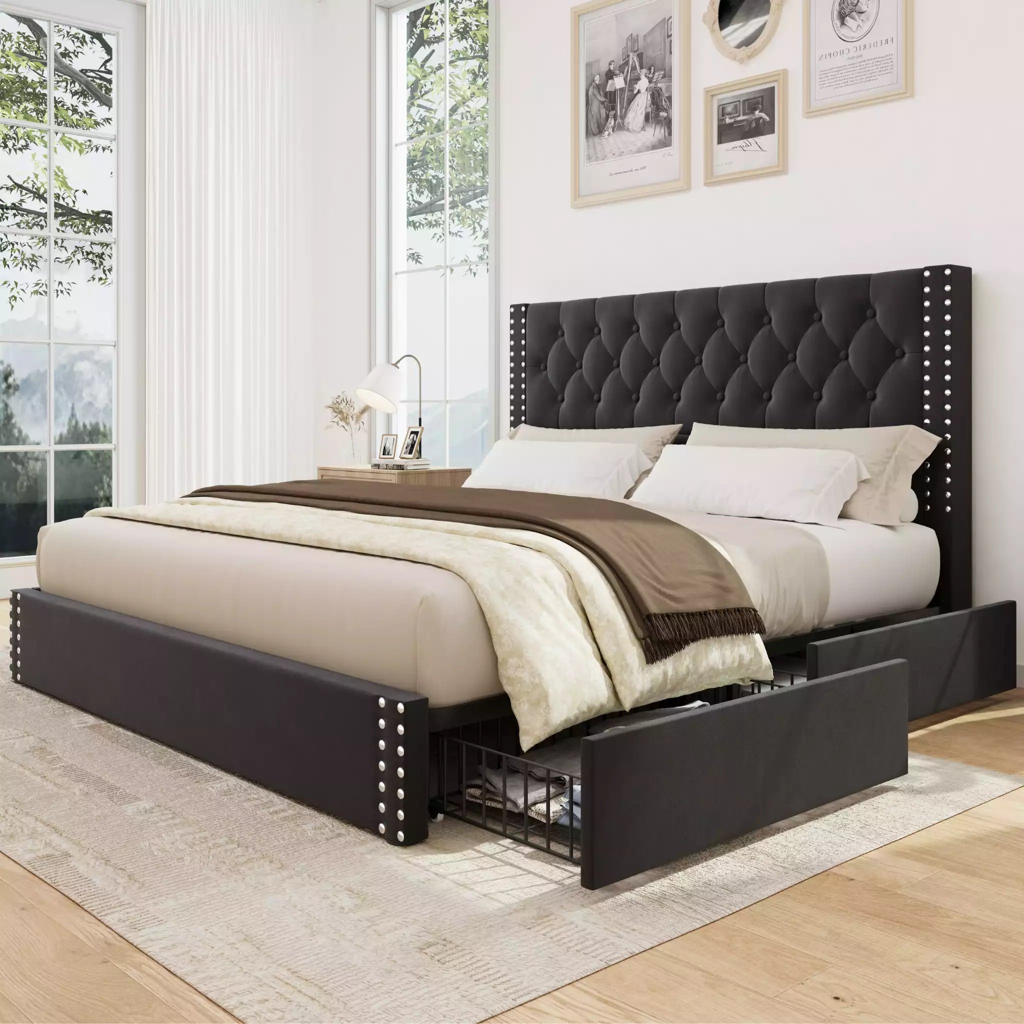 Veva Velvet Upholstered Bed Frame with Storage, 4 Drawers