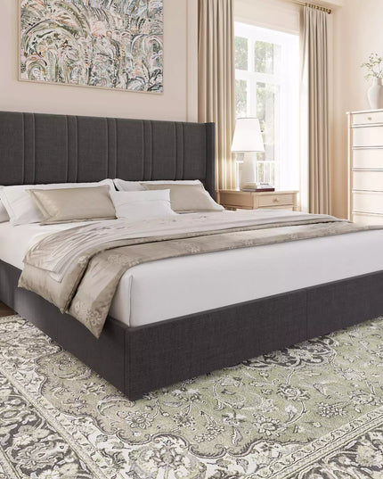 Larmace grey linen platform bed with a 47-inch channel-tufted headboard; built-in storage drawers; king or queen size
