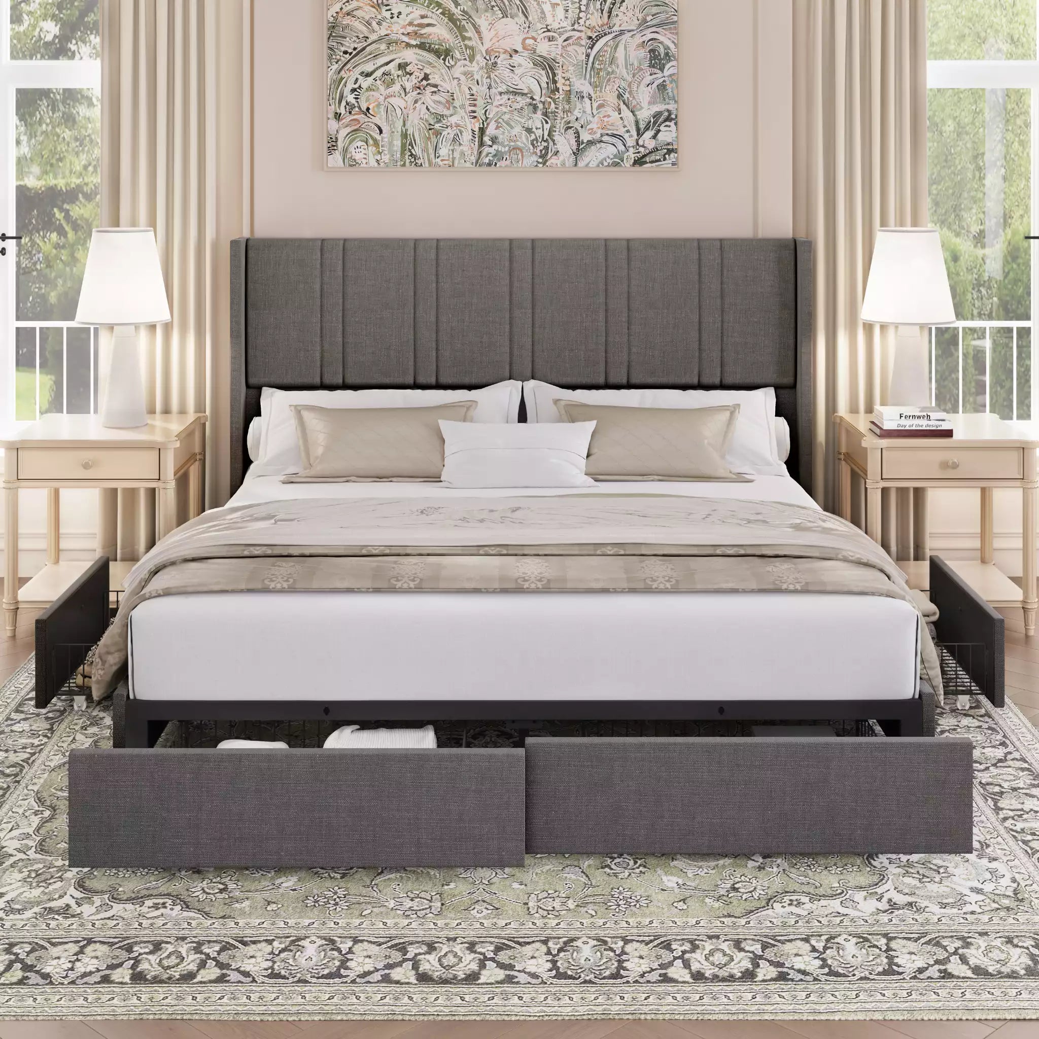 Gray upholstered bed with storage drawers in a bedroom setting.