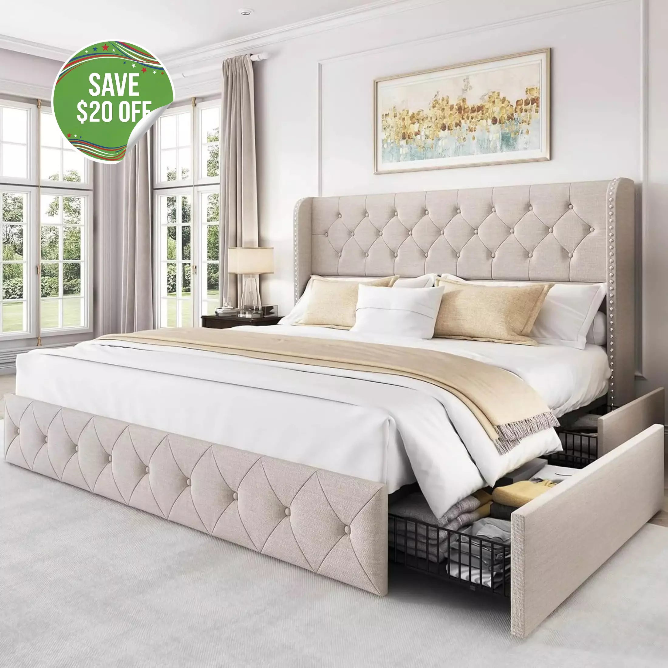 Korall Linen Storge Bed Frame