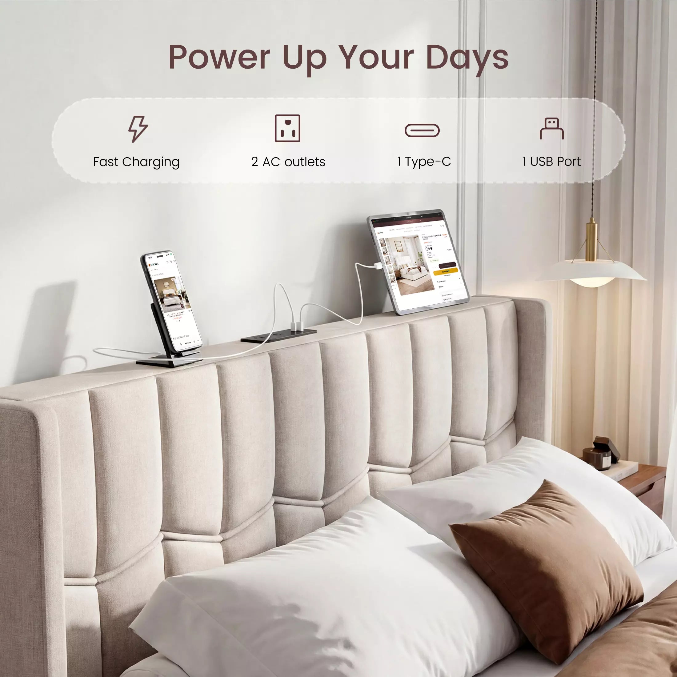 Built-in charging station on Mara headboard with 2 AC outlets, USB, and Type-C ports, ETL and FCC certified.