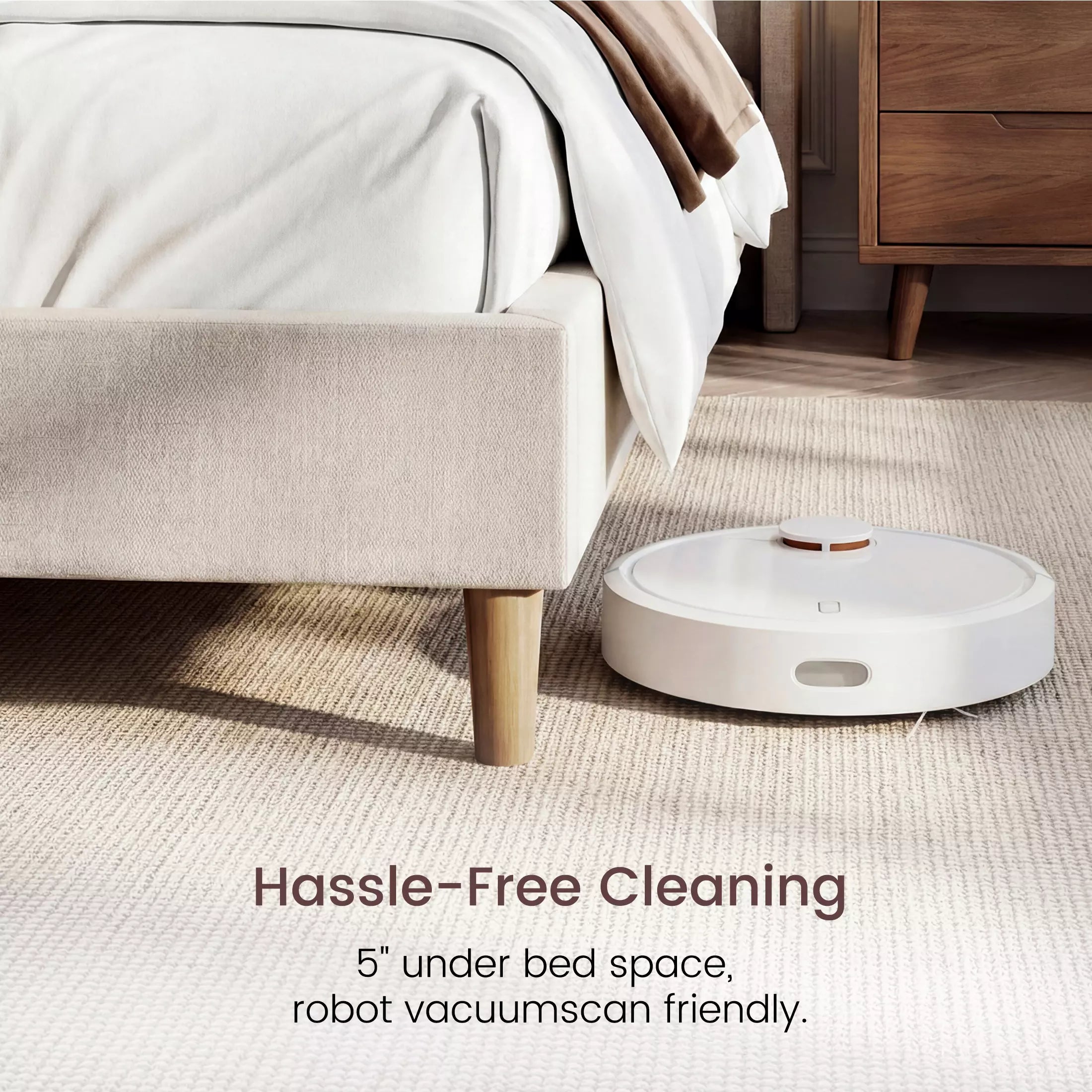 Mara bed frame with 5-inch under-bed space, robot vacuum friendly for hassle-free bedroom cleaning.