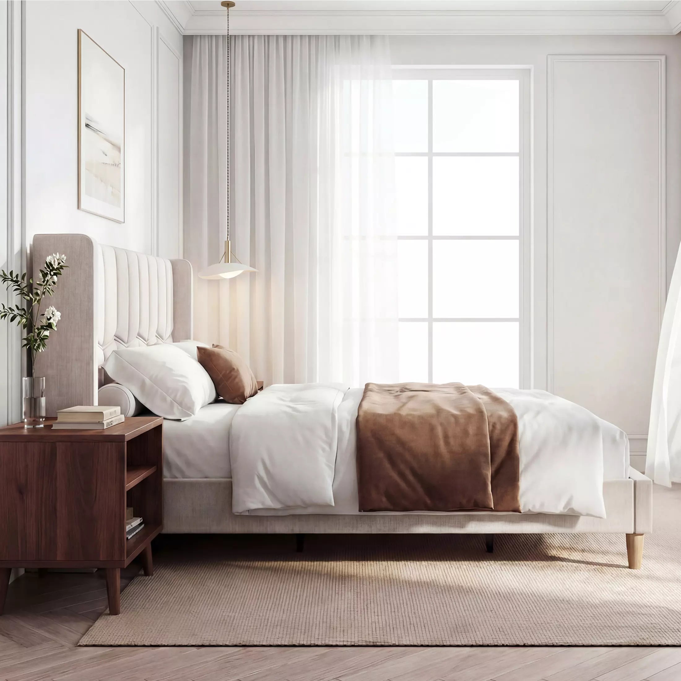 Modern minimalist Mara wingback bed in beige fabric linen, featuring a classic design for a cozy bedroom.