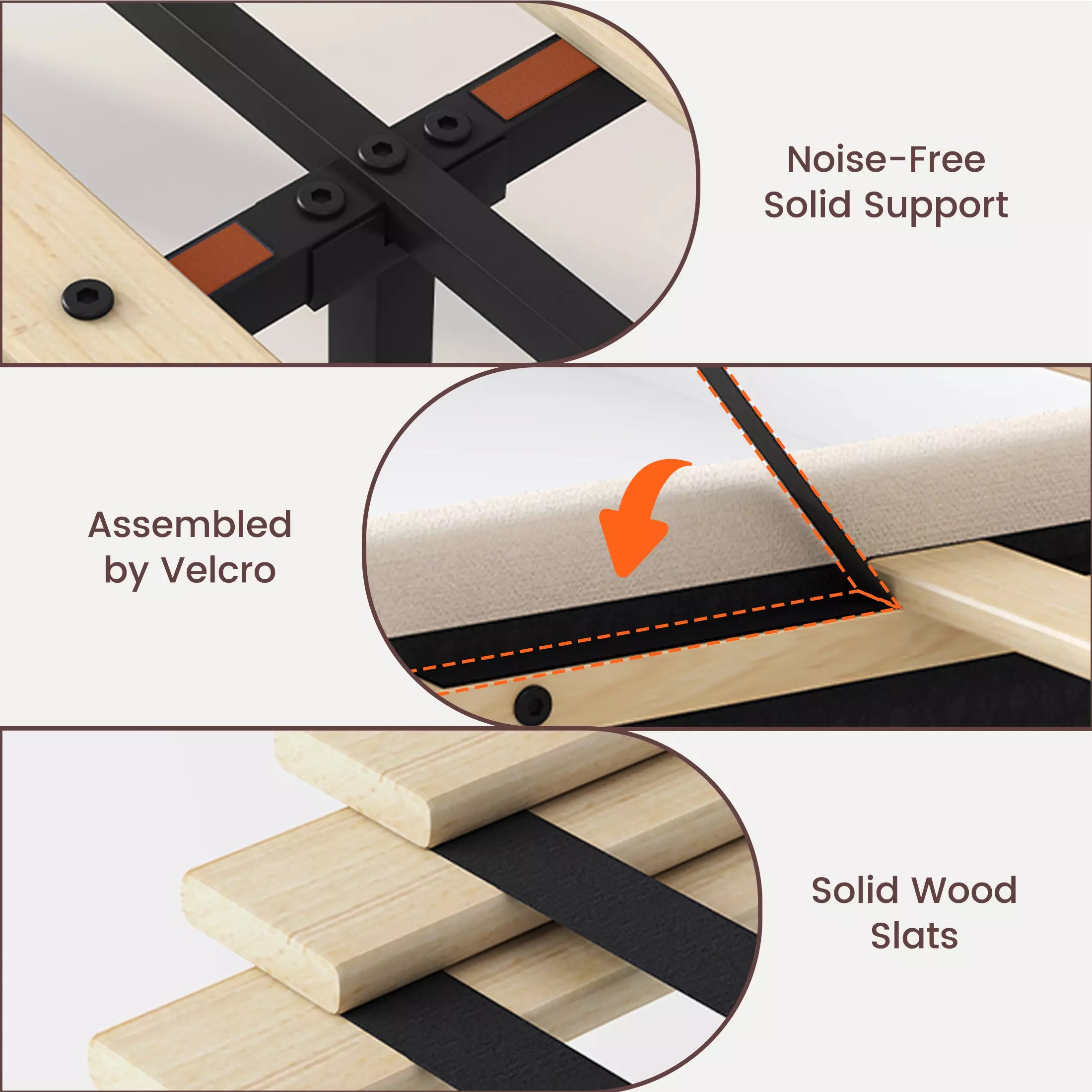 Technical details of Mara bed: noise-free solid support, assembled by velcro, and durable solid wood slats.