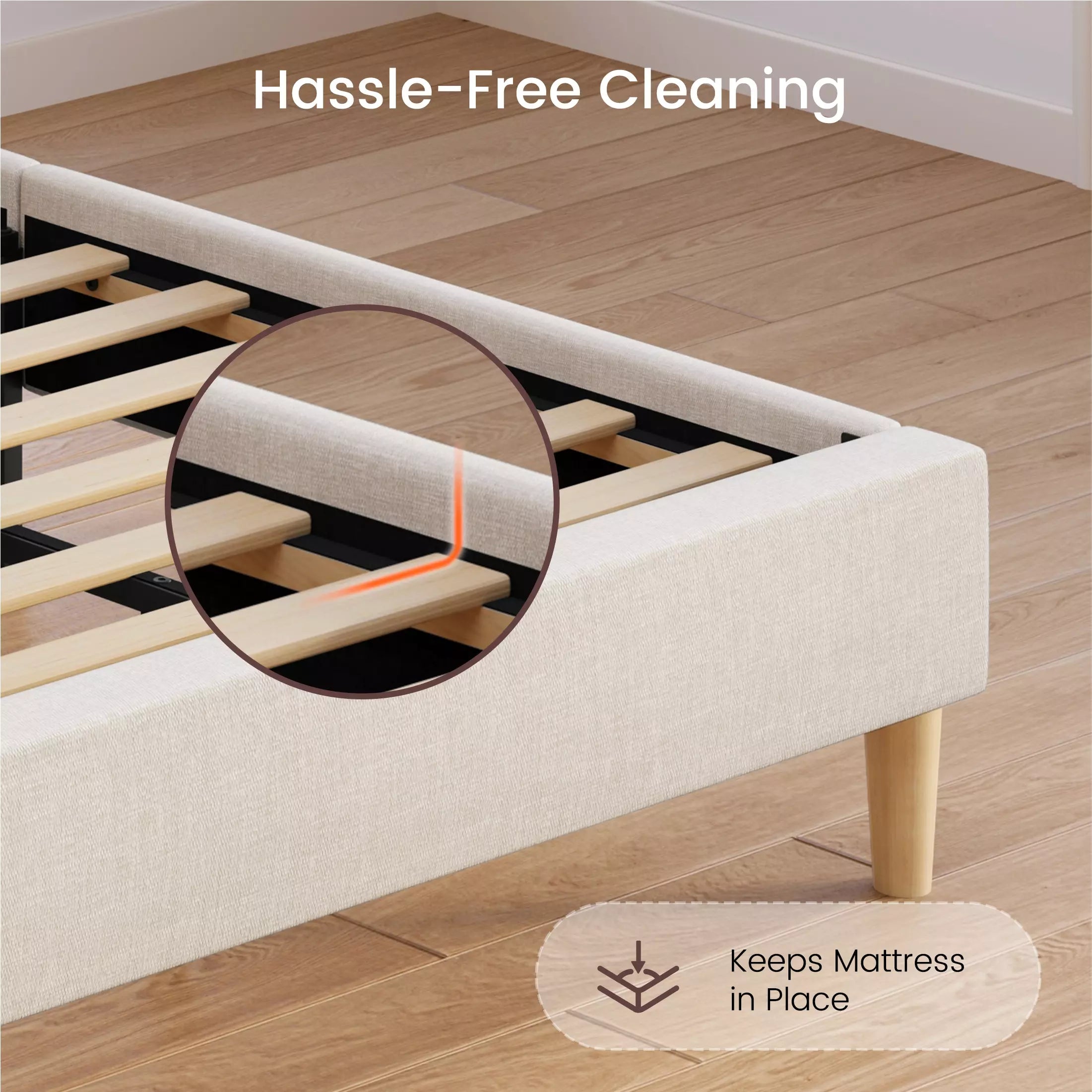 Close-up of Mara platform bed frame showing anti-sliding design that keeps mattress in place without box spring.