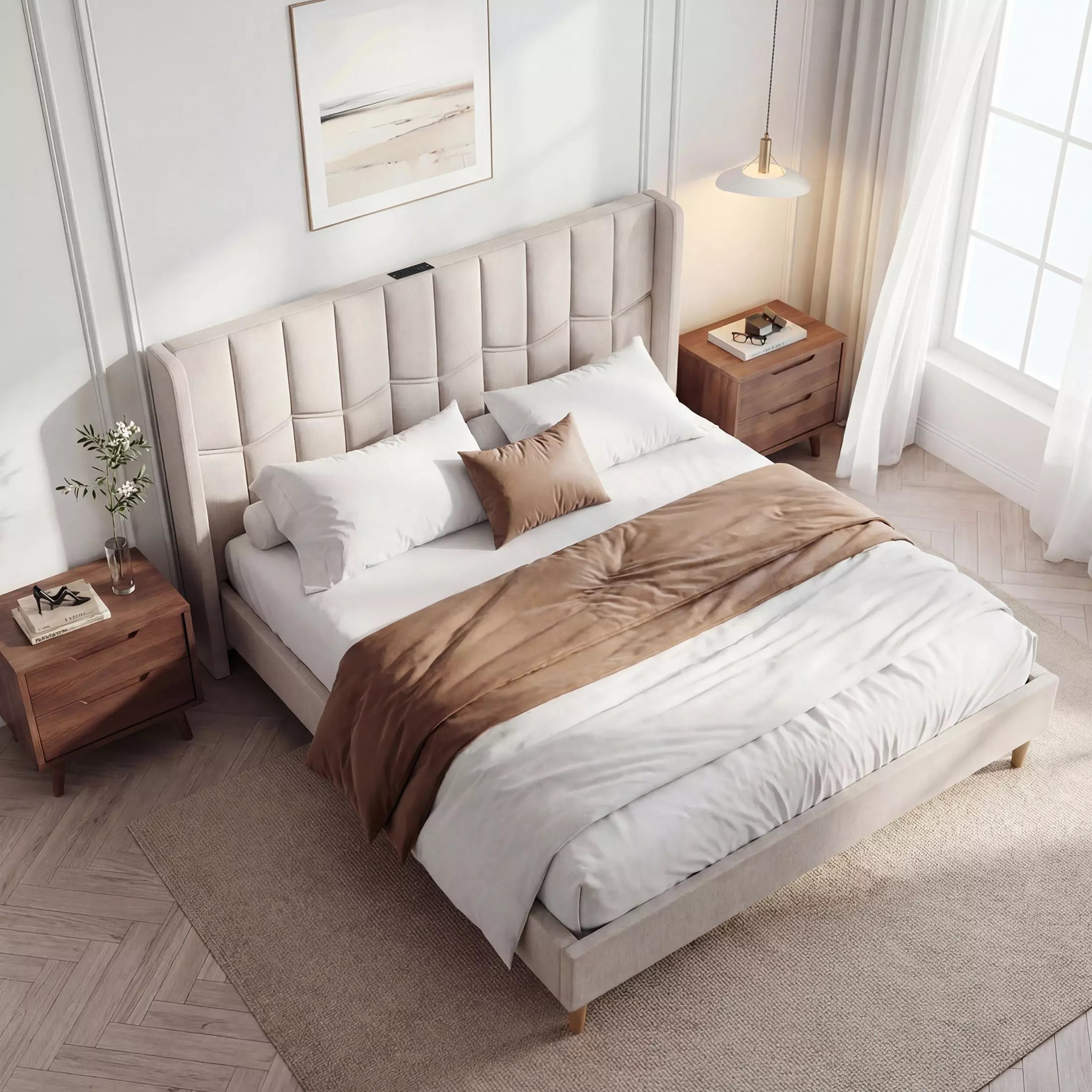 Top-down view of Mara upholstered bed showing the built-in charging station and channel tufted wingback headboard.