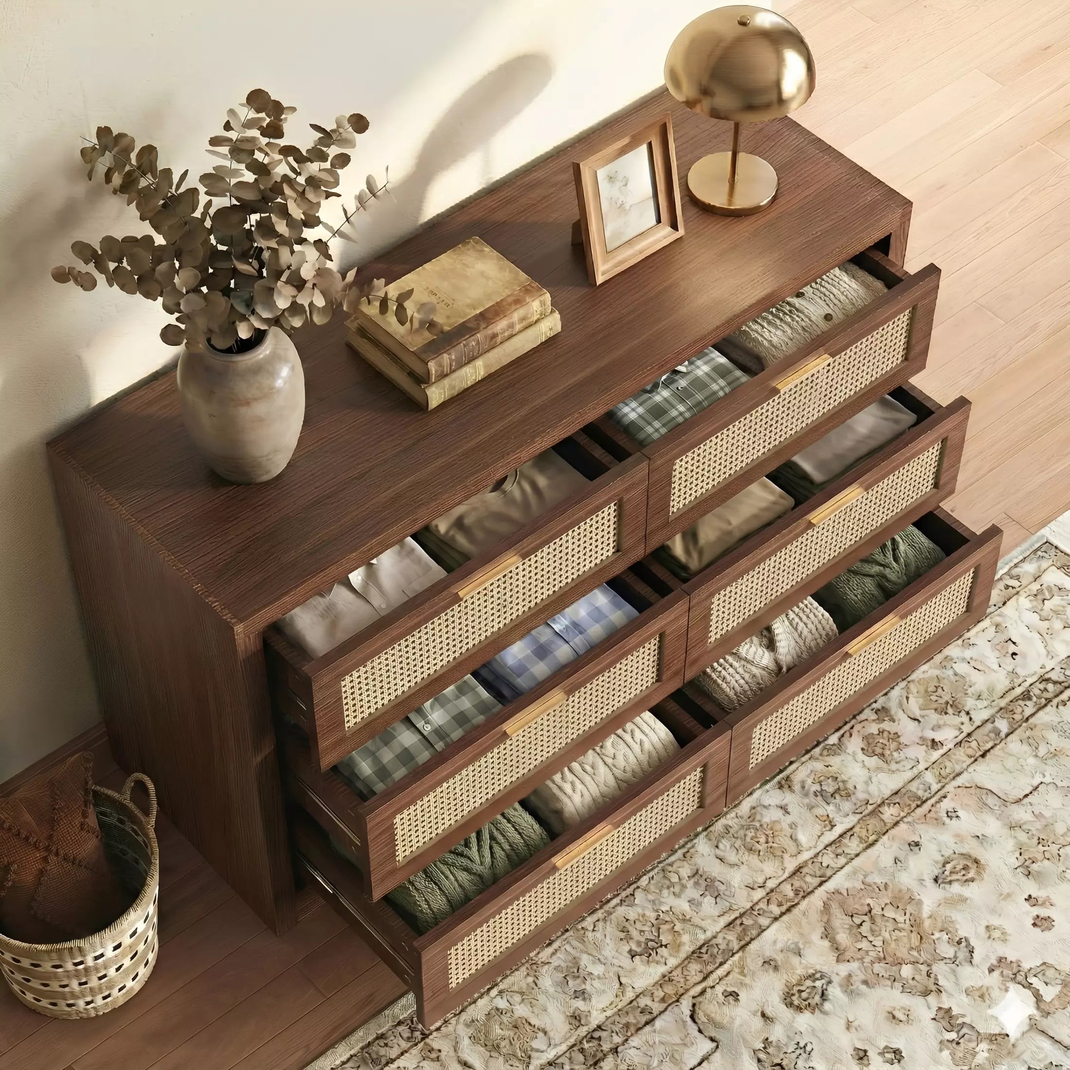 Boho Chick Rattan 6 Drawer Dressers-Walnet / Oak