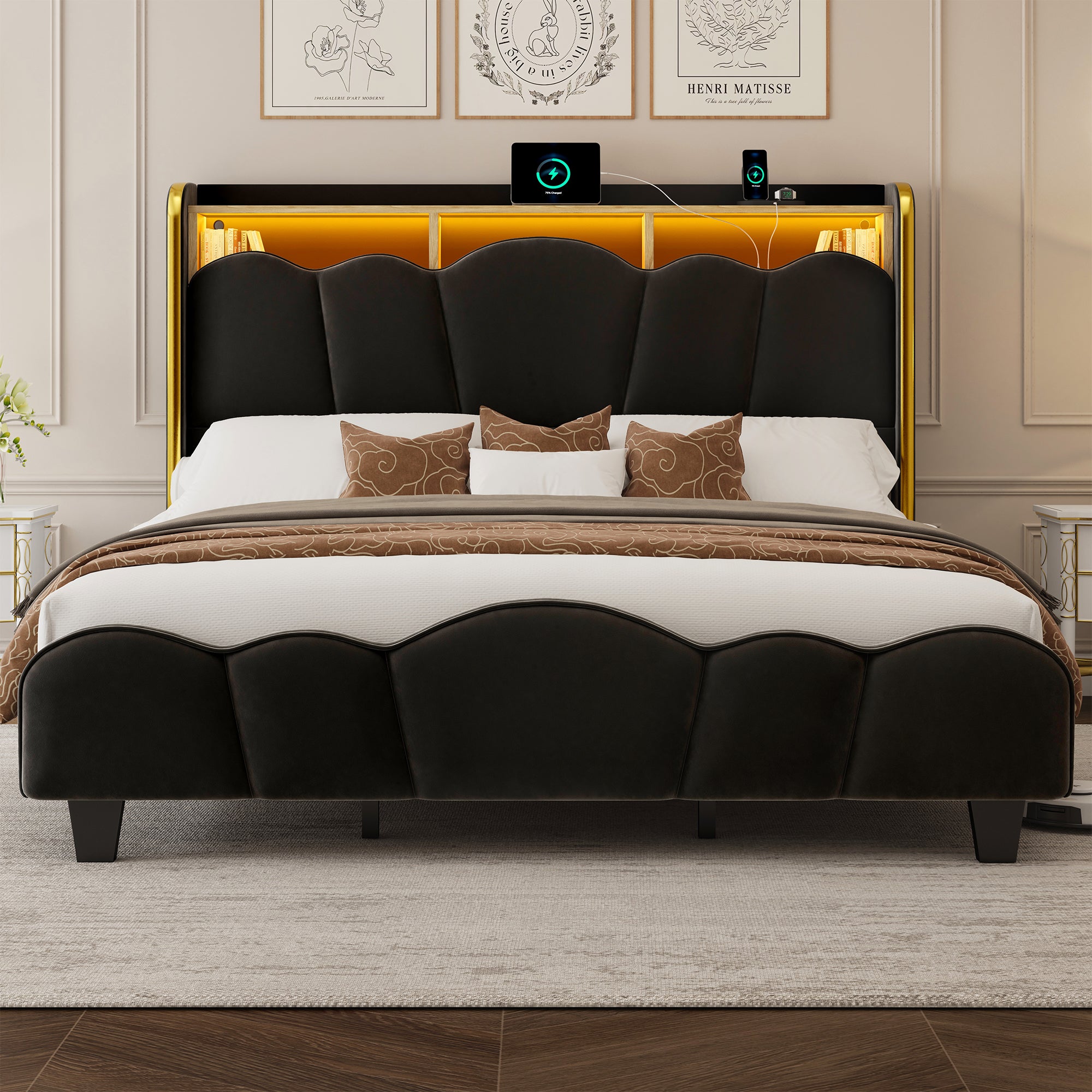 Melora Arch Headboard Velvet Upholstered Bed Frame