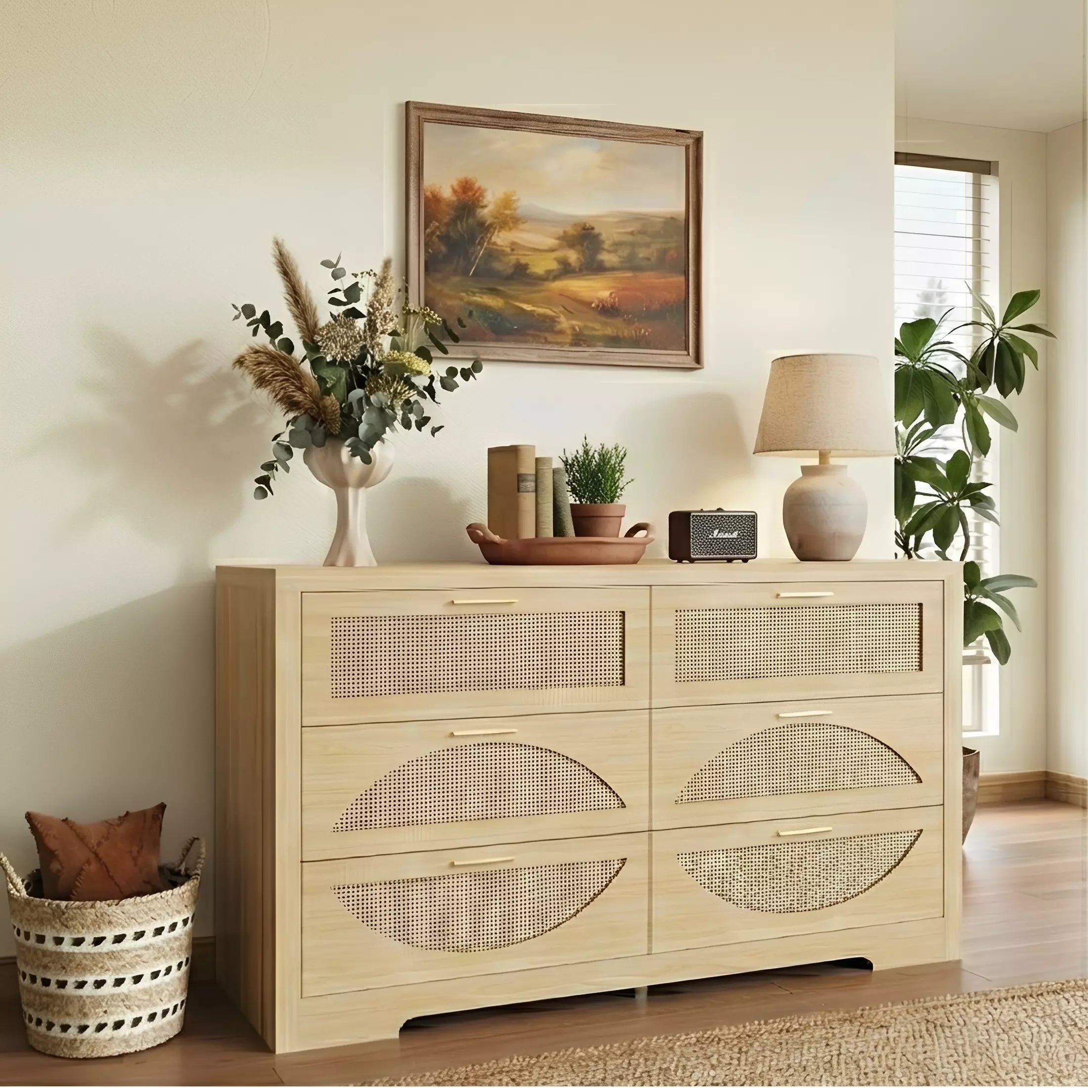 Arched Boho Rattan 6 Drawer Dressers Oak / Walnut
