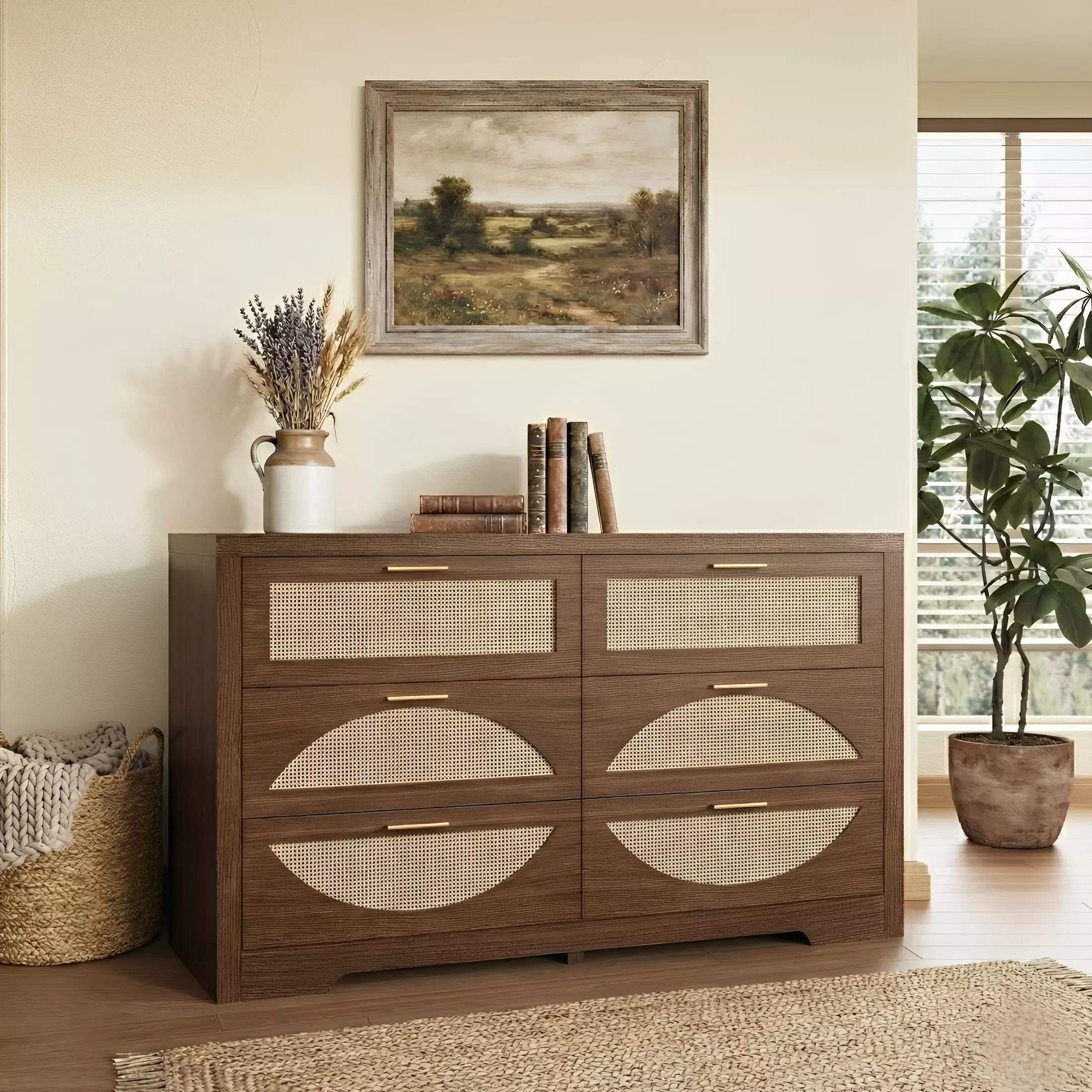 Arched Boho Rattan 6 Drawer Dressers Oak / Walnut