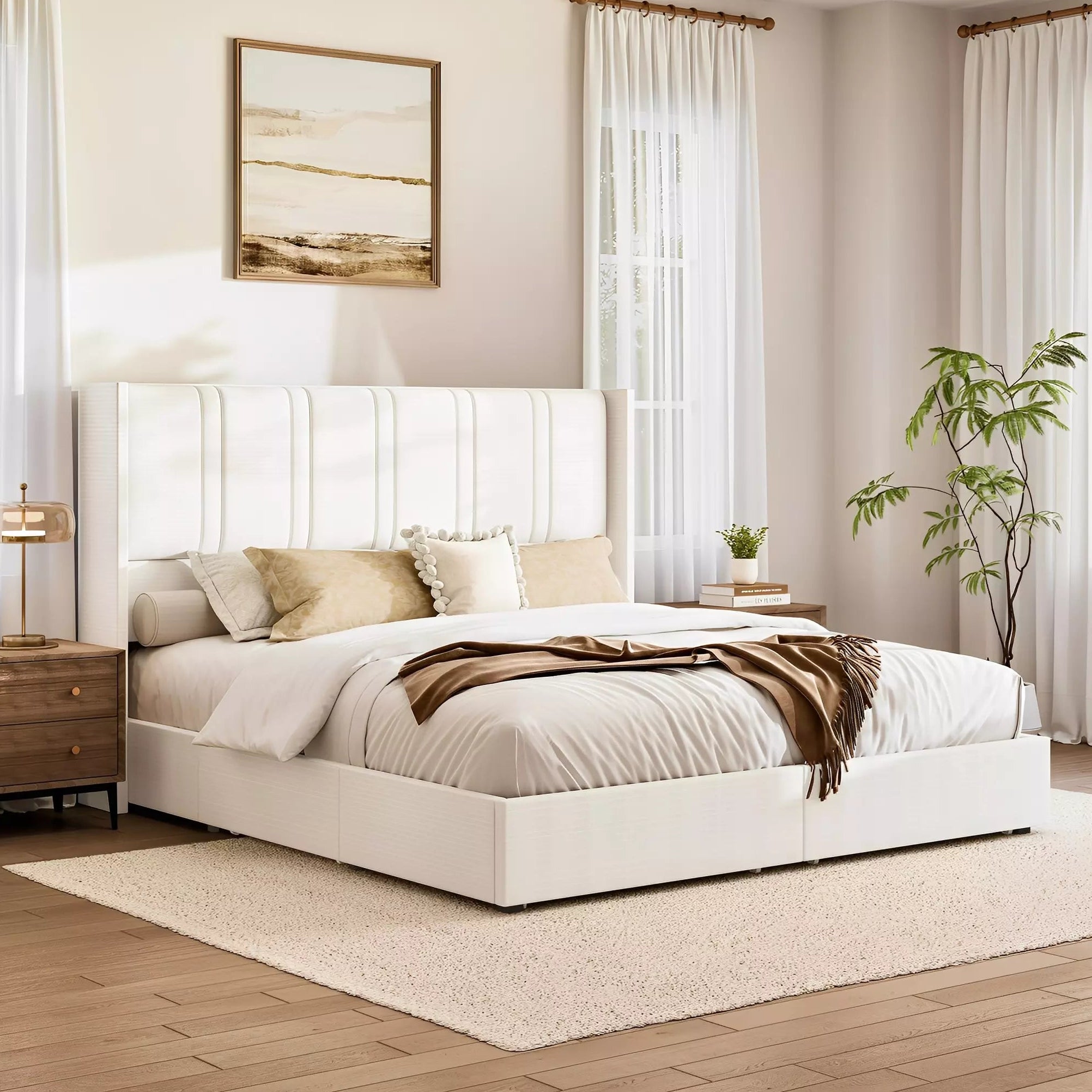 Modern bedroom with a white bed, wooden nightstands, and decorative elements.